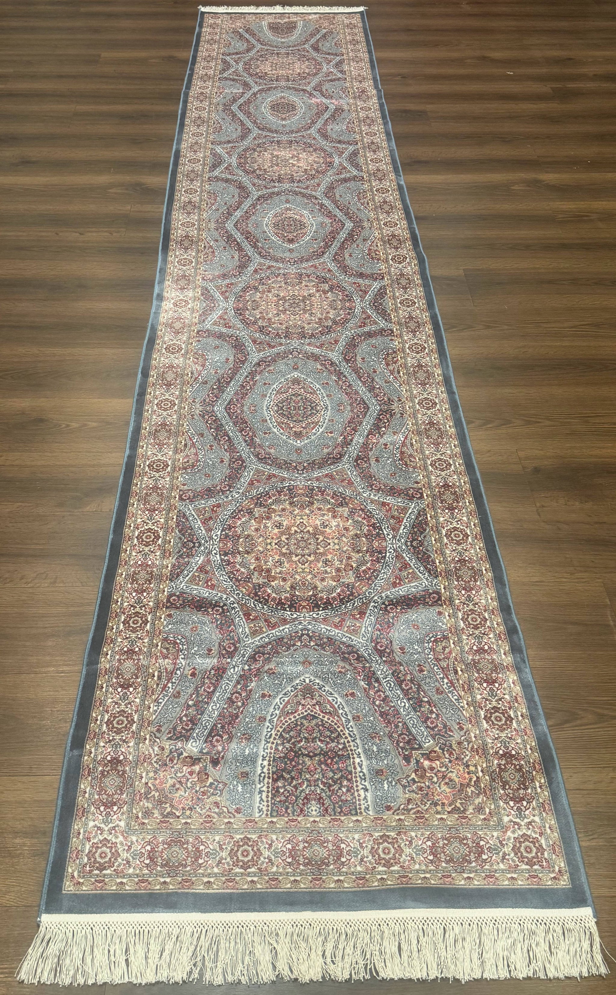 Turkish Silk Runner Rug 2.6 x 13, Blue Runner Rug, Dome Design, Bamboo Silk, New by Jewel Rugs
