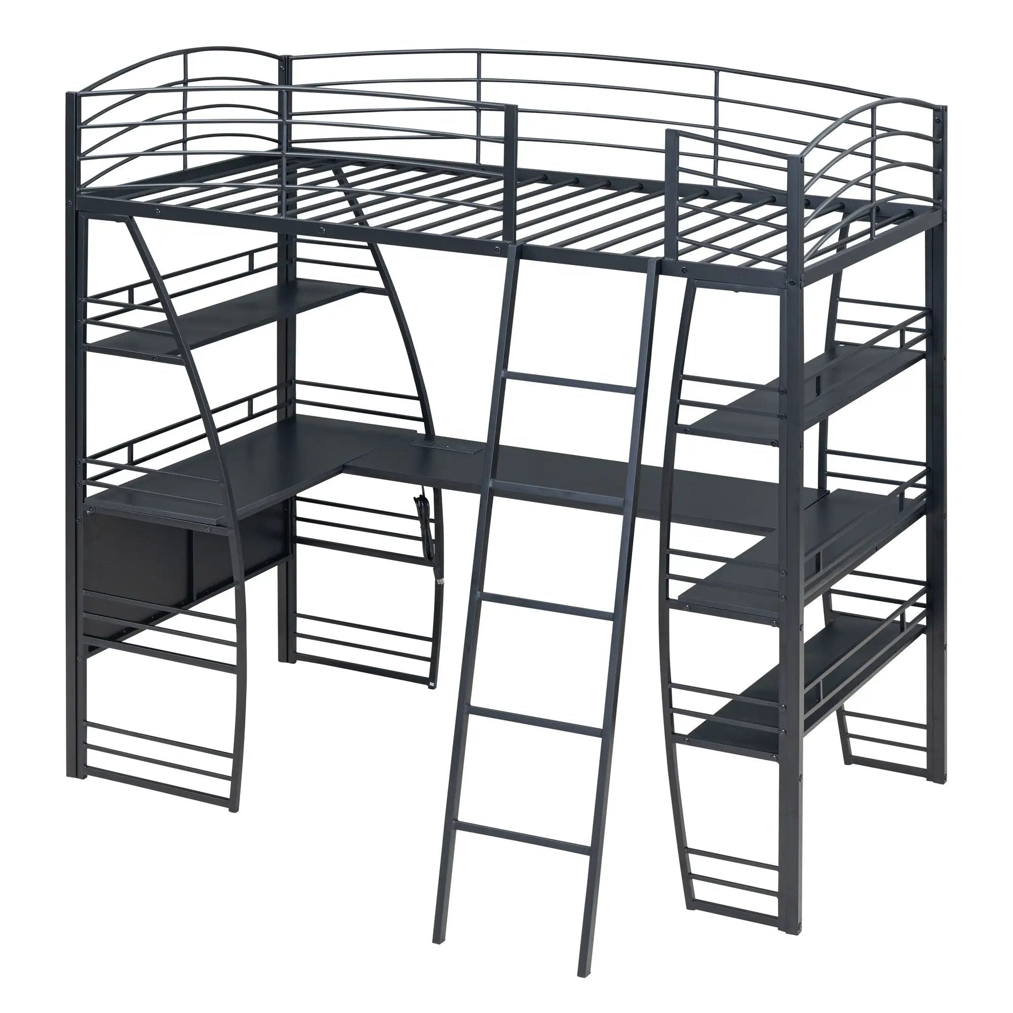 Loft Bed With 4 Layers Of Shelves And L-Shaped Desk, Stylish Metal Frame Bed With A Set Of Sockets, USB Ports And And Wireless Charging by Unique Piece Furniture