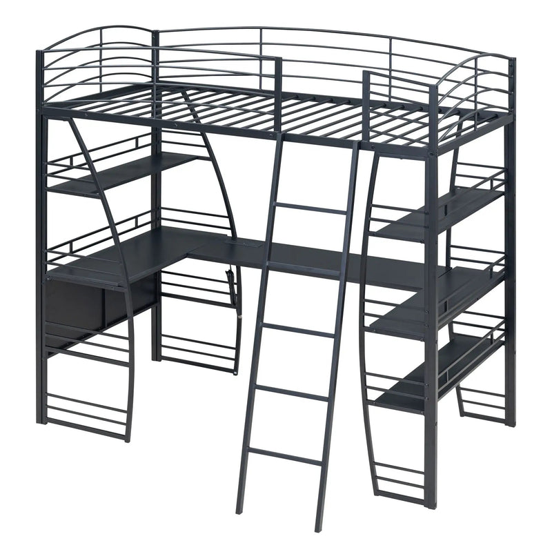 Loft Bed With 4 Layers Of Shelves And L-Shaped Desk, Stylish Metal Frame Bed With A Set Of Sockets, USB Ports And And Wireless Charging by Unique Piece Furniture