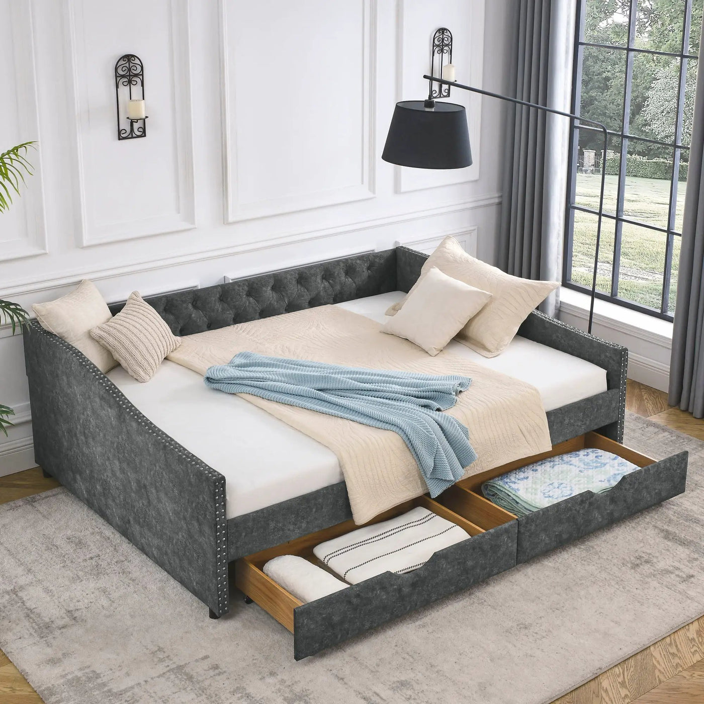 Upholstered Tufted Daybed With 2 Drawers, Waved Arms by HouseOfZazla