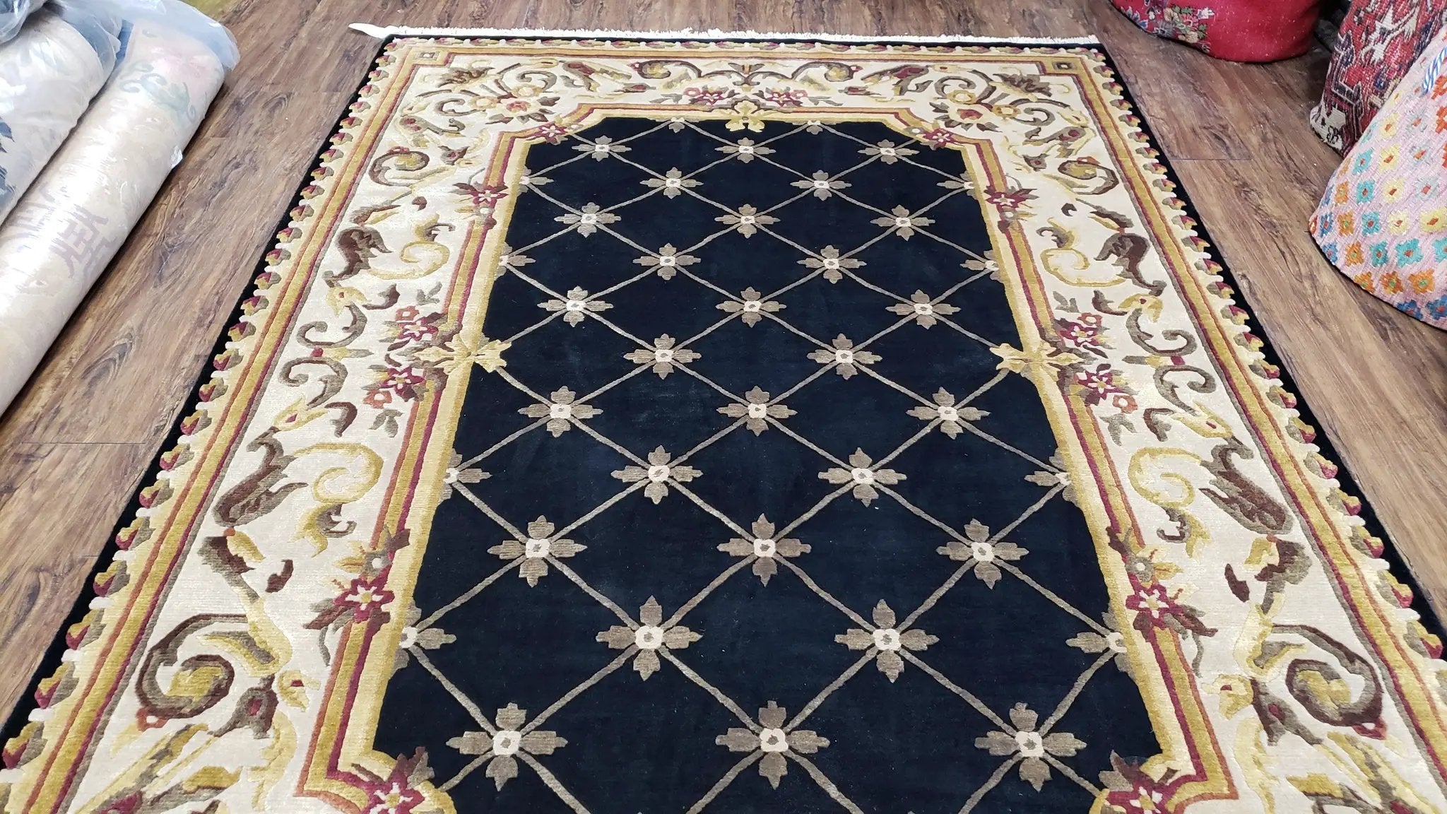 Nepal Rug 6x9, New Aubusson Nepalese Tibetan Carpet 6'1" x 8' 8", Hand-Knotted Wool, Unused, Black & Cream, Savonnerie Pattern, Soft Pile by Jewel Rugs