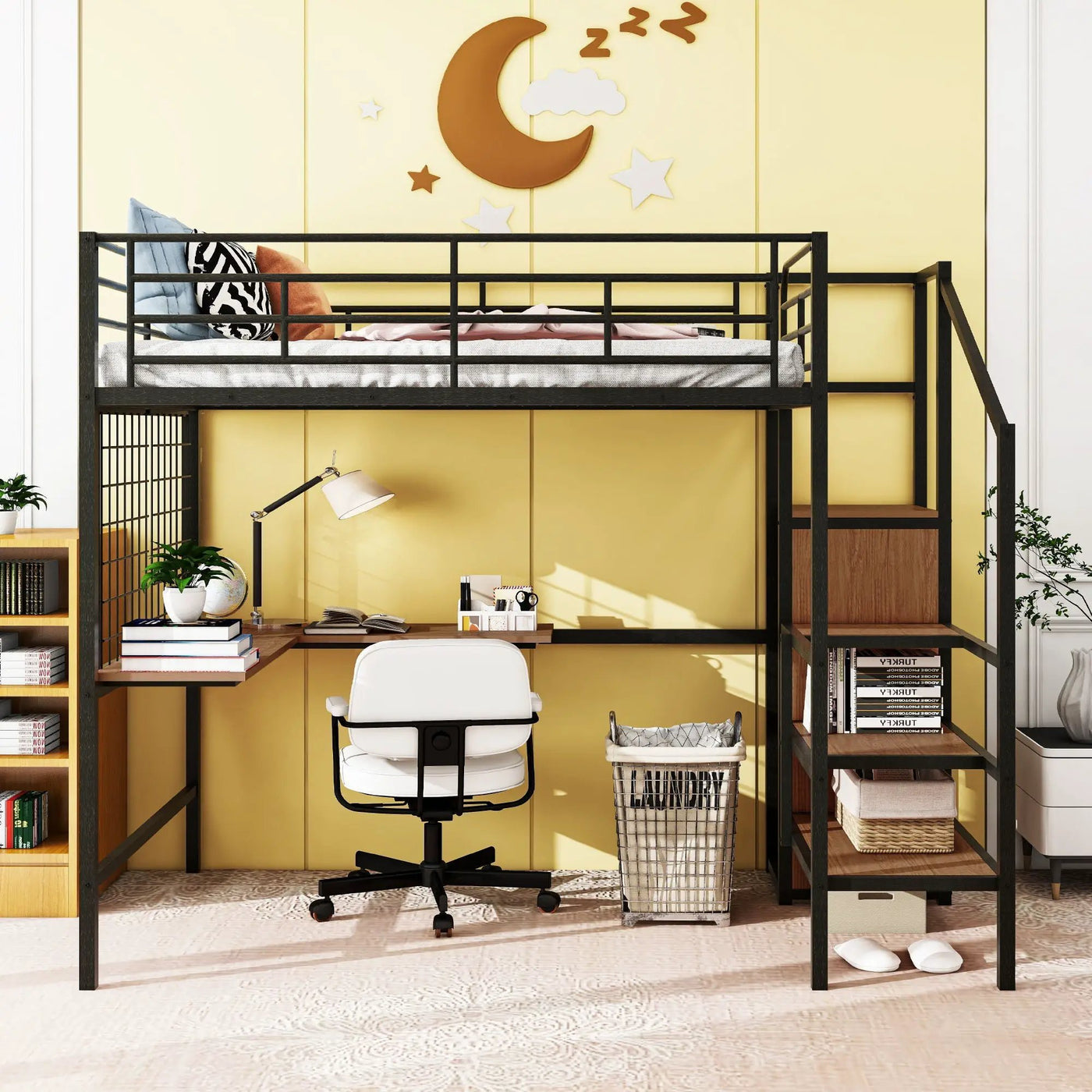 Loft Bed With Desk And Grid, Stylish Frame With Lateral Storage Ladder And Wardrobe by HouseOfZazla