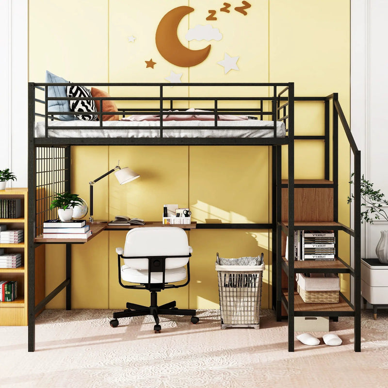 Loft Bed With Desk And Grid, Stylish Frame With Lateral Storage Ladder And Wardrobe by HouseOfZazla