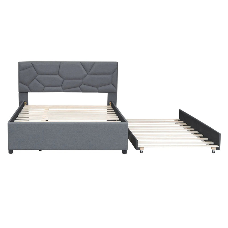Upholstered Platform Bed With Brick Pattern Headboard And Twin Long Size Trundle by Unique Piece Furniture