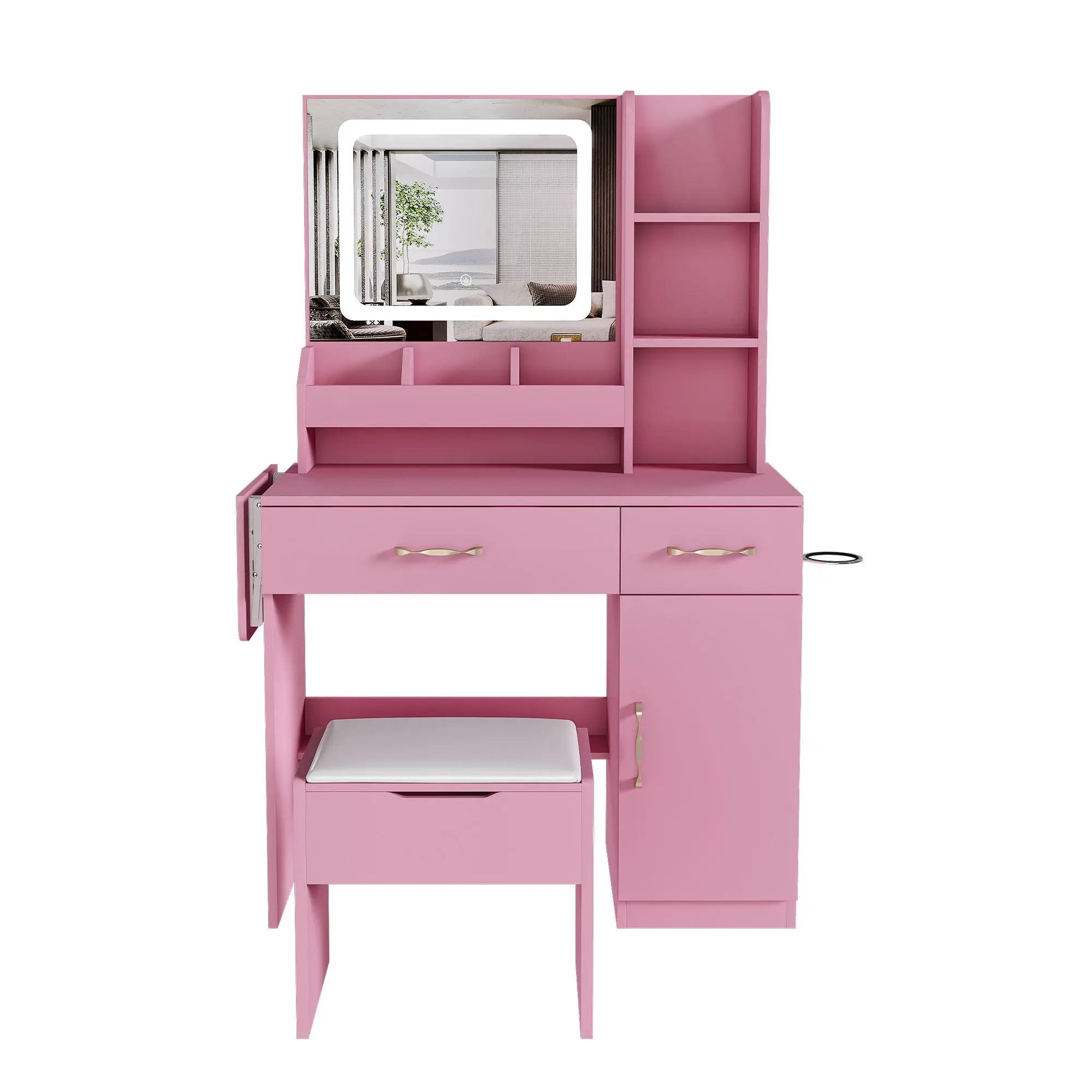 Vanity Desk With LED Mirror Lights And Power Outlet Charging Station, 3 Drawers, 7 Shelves, Storage Stool - Pink by HouseOfZazla
