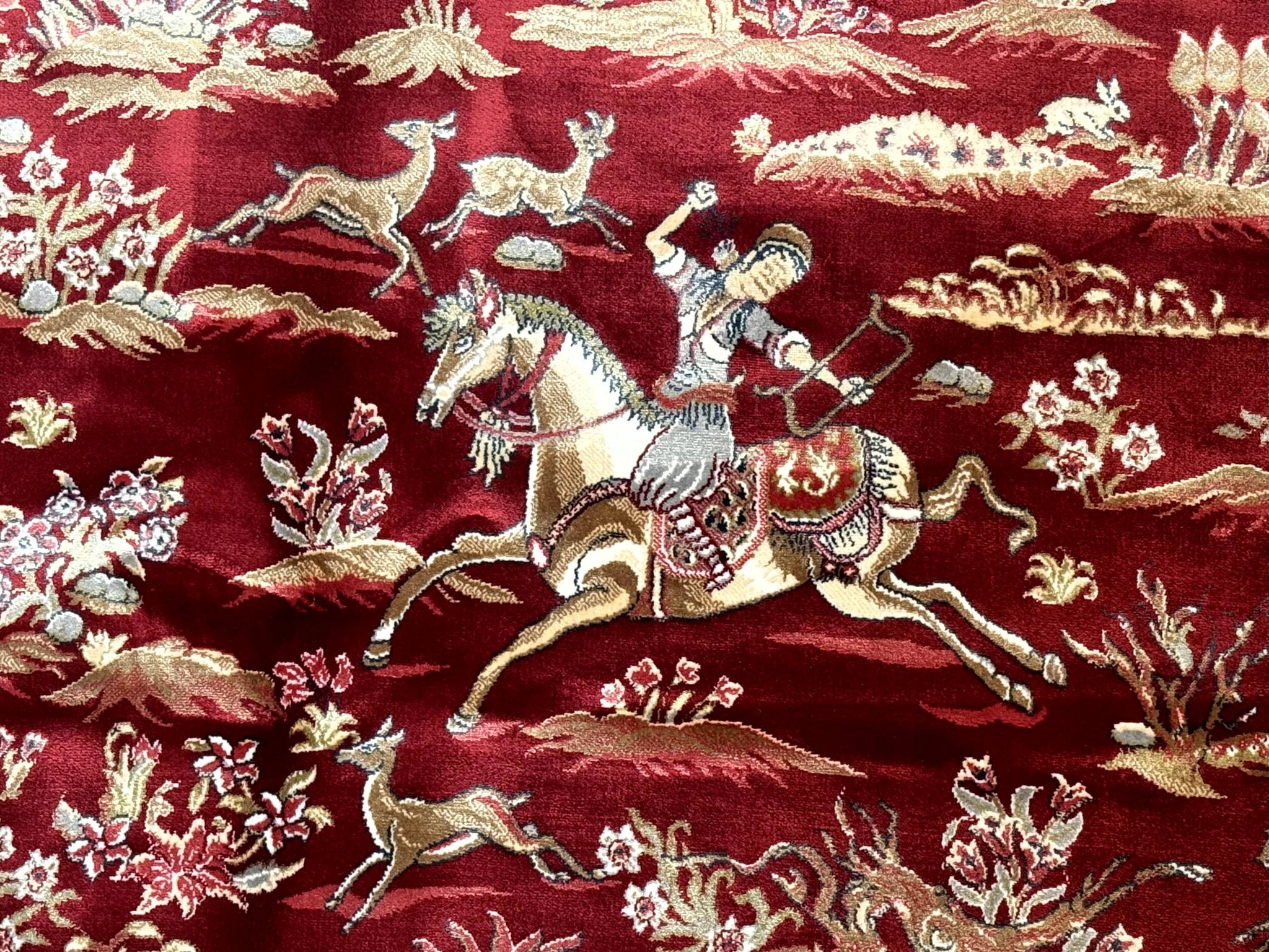Turkish Silk Hunting Scene Rug 5 x 7.6, Red & Ivory, Bamboo Silk, New by Jewel Rugs