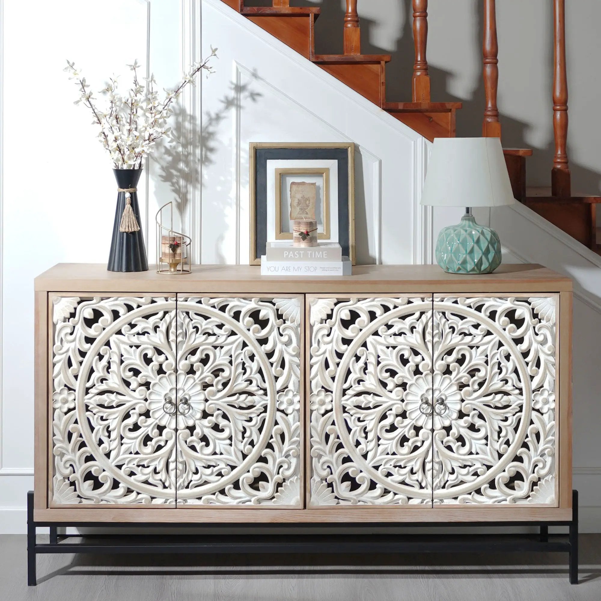 Carved 4 Door Cabinet, Storage Sideboard For Living Room - Multi by Unique Piece Furniture
