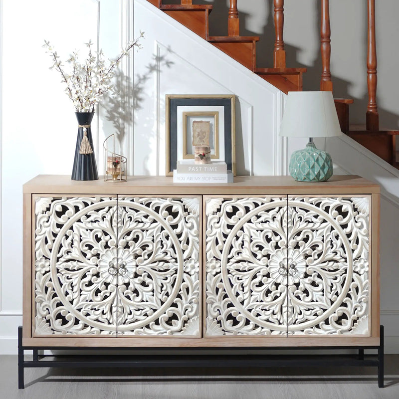 Carved 4 Door Cabinet, Storage Sideboard For Living Room - Multi by Unique Piece Furniture