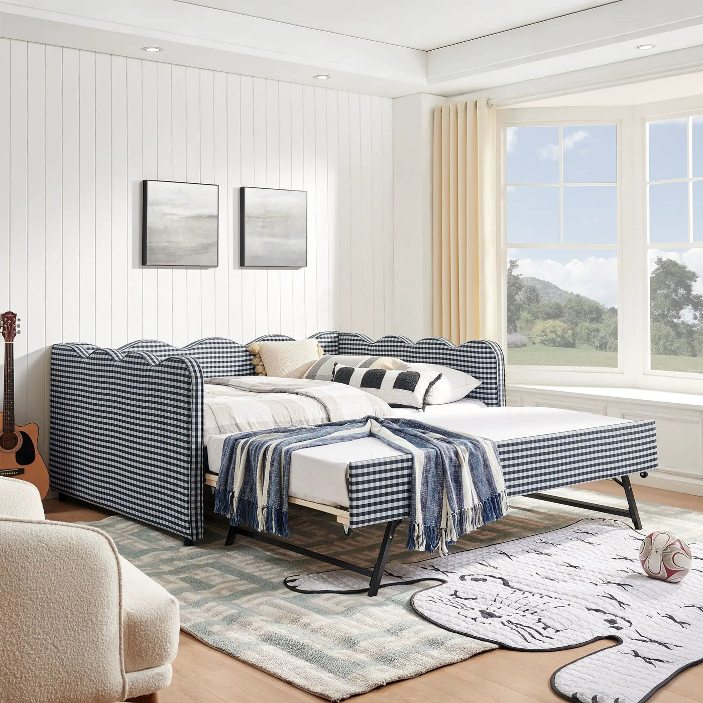 Gingham Daybed With USB Charging Port, Wave-Shaped Design by HouseOfZazla