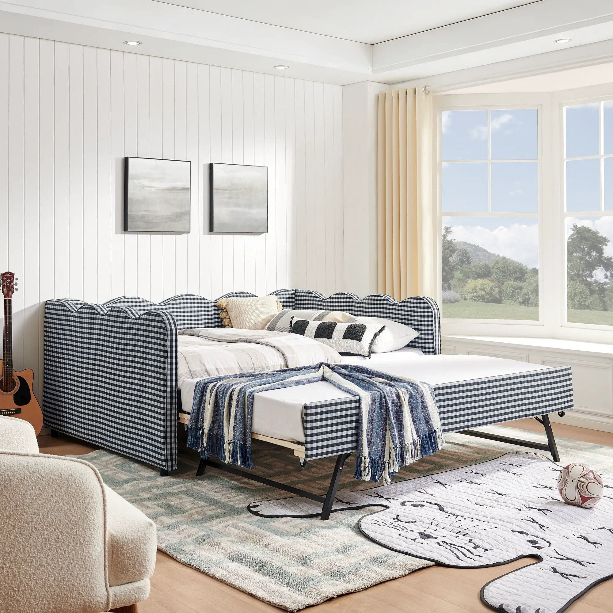 Gingham Daybed With USB Charging Port, Wave-Shaped Design by HouseOfZazla