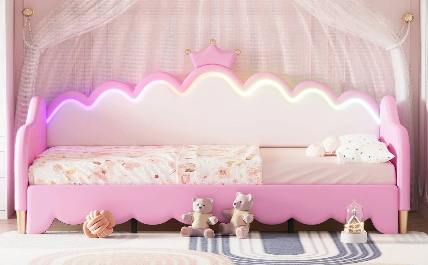 Extending Daybed With LED Lights, Modern Upholstered Princess Daybed With Crown Headboard by HouseOfZazla