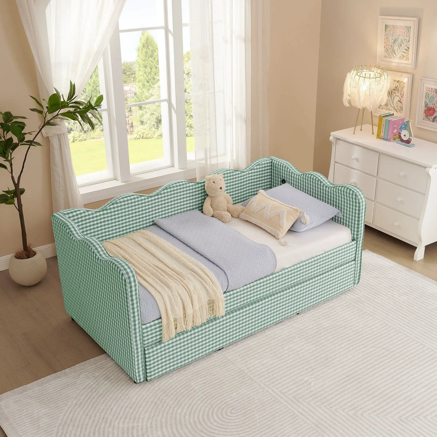 Gingham Daybed With USB Charging Port, Wave Shaped Design by HouseOfZazla