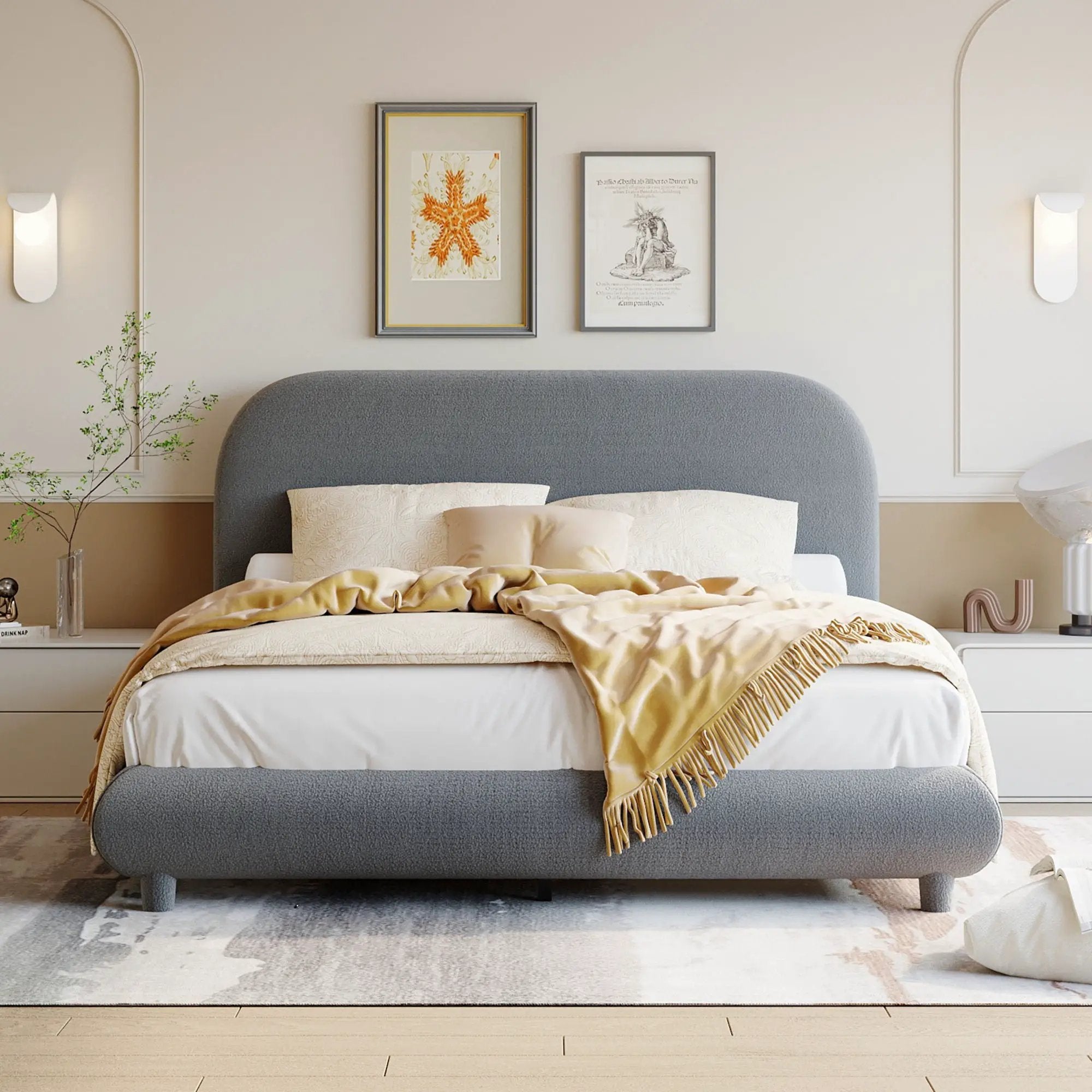 Upholstered Platform Bed With Thick Solid Frame And Stylish Curve-Shaped Design by Unique Piece Furniture
