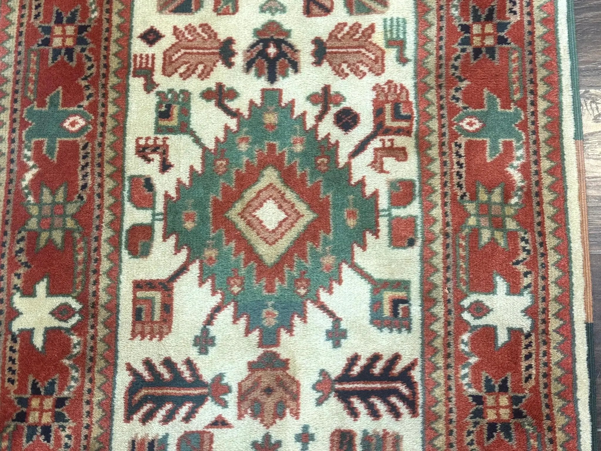 Turkish Runner Rug 2.4 x 8, Kazak Geometric Heriz Pattern, Beige Red by Jewel Rugs