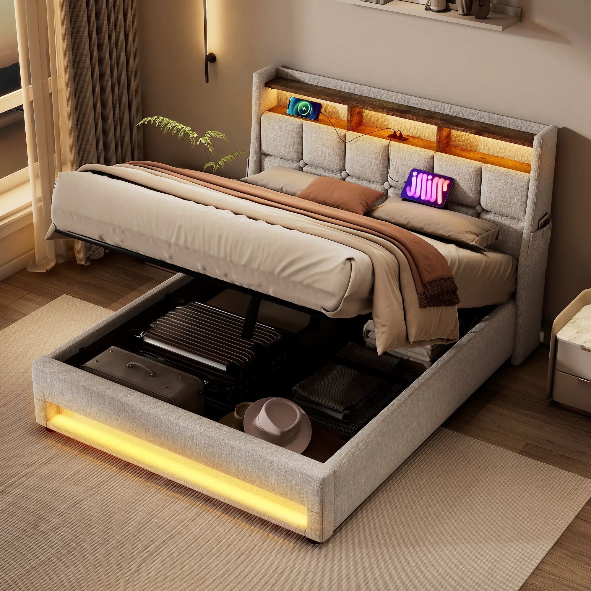 Upholstered Platform Bed With A Hydraulic Storage System, LED And USB Charging (Without Mattress) by HouseOfZazla
