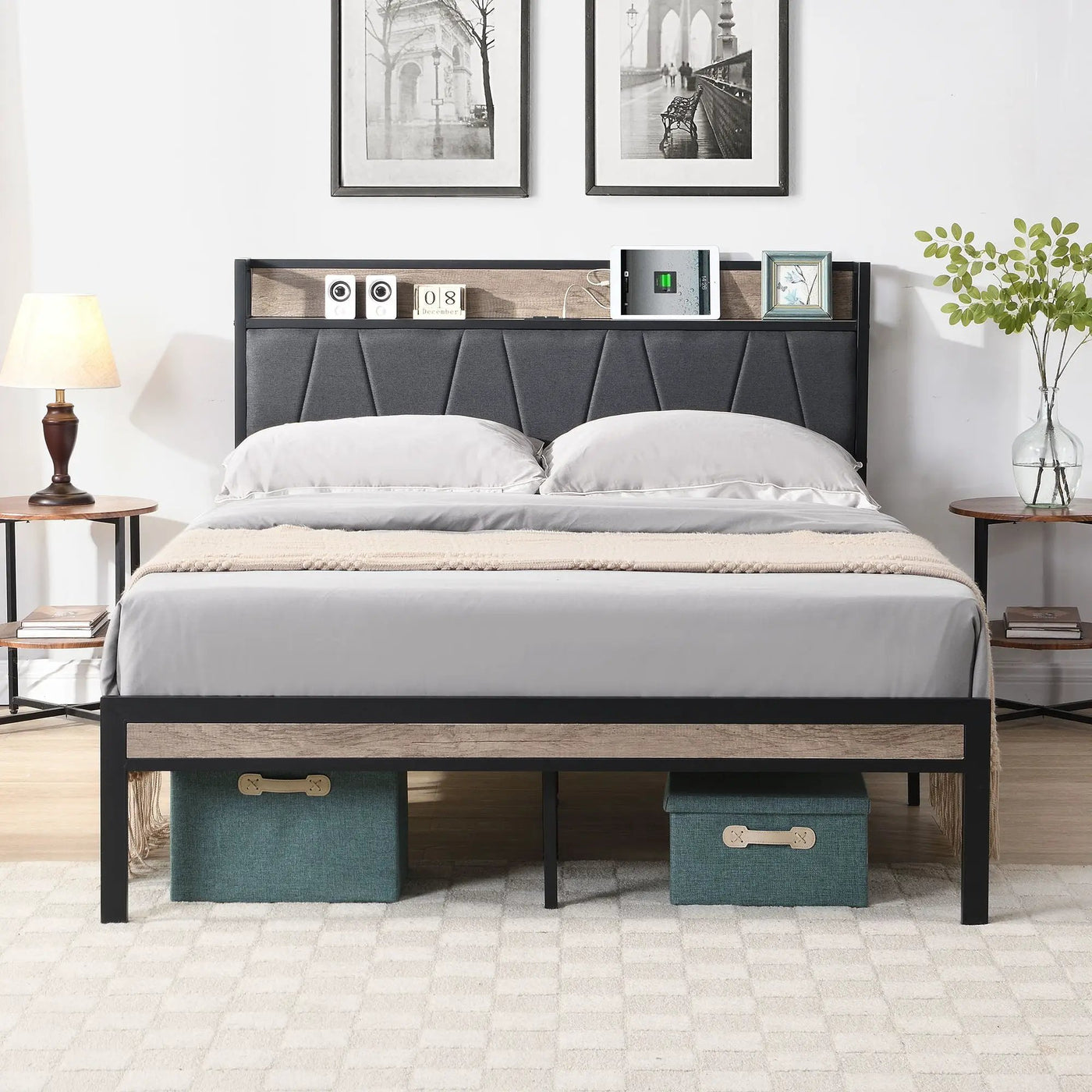 Modern Bed Frame With LED Lights, Upholstered Headboard, USB Charging by HouseOfZazla