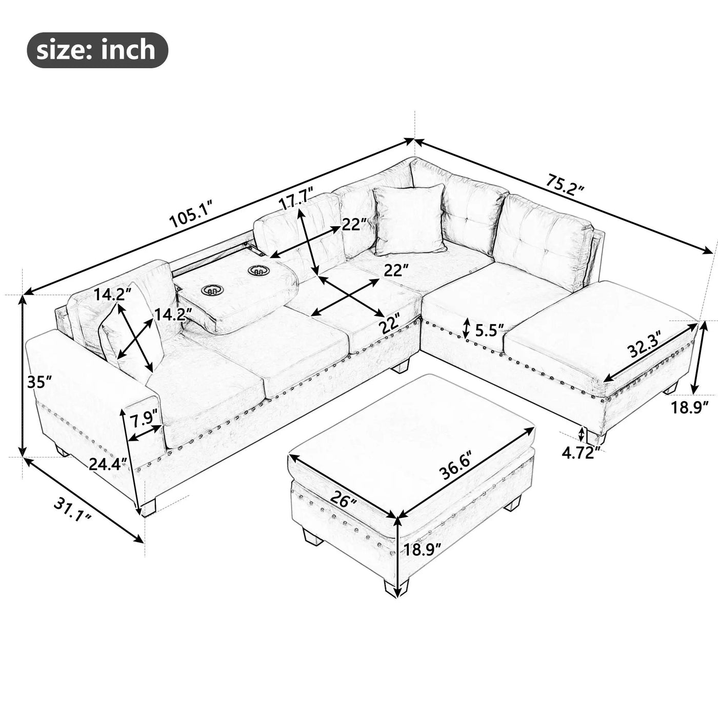 Modern Sectional Sofa With Storage Ottoman, L - Shape Couch With 2 Pillows And Cup Holders by Unique Piece Furniture