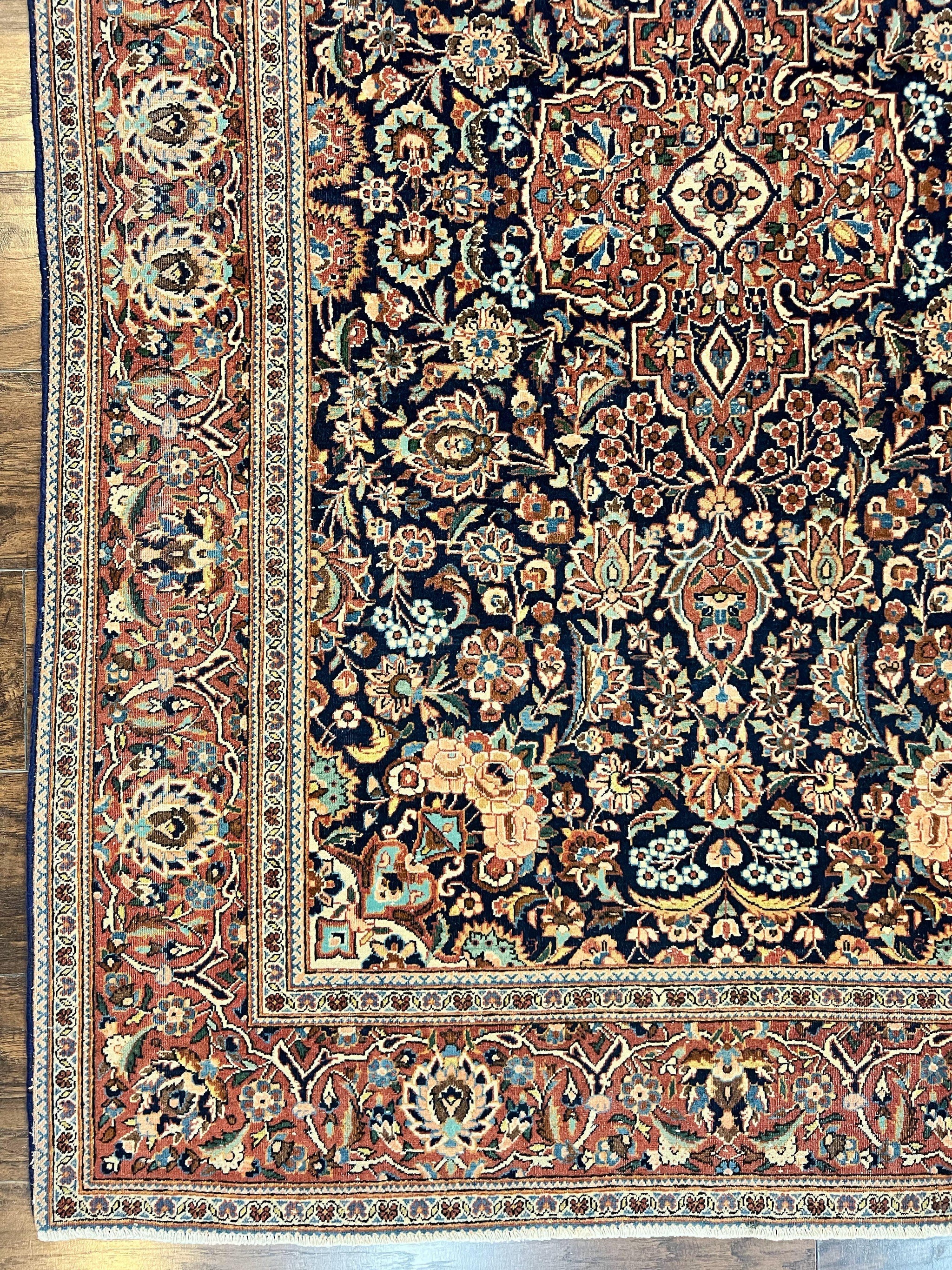 Persian Kashan Rug 4x7, Floral Medallion Vintage Handmade Hand Knotted Navy Blue & Red Wool Oriental Carpet, Highly Detailed Semi Antique Rug by Jewel Rugs