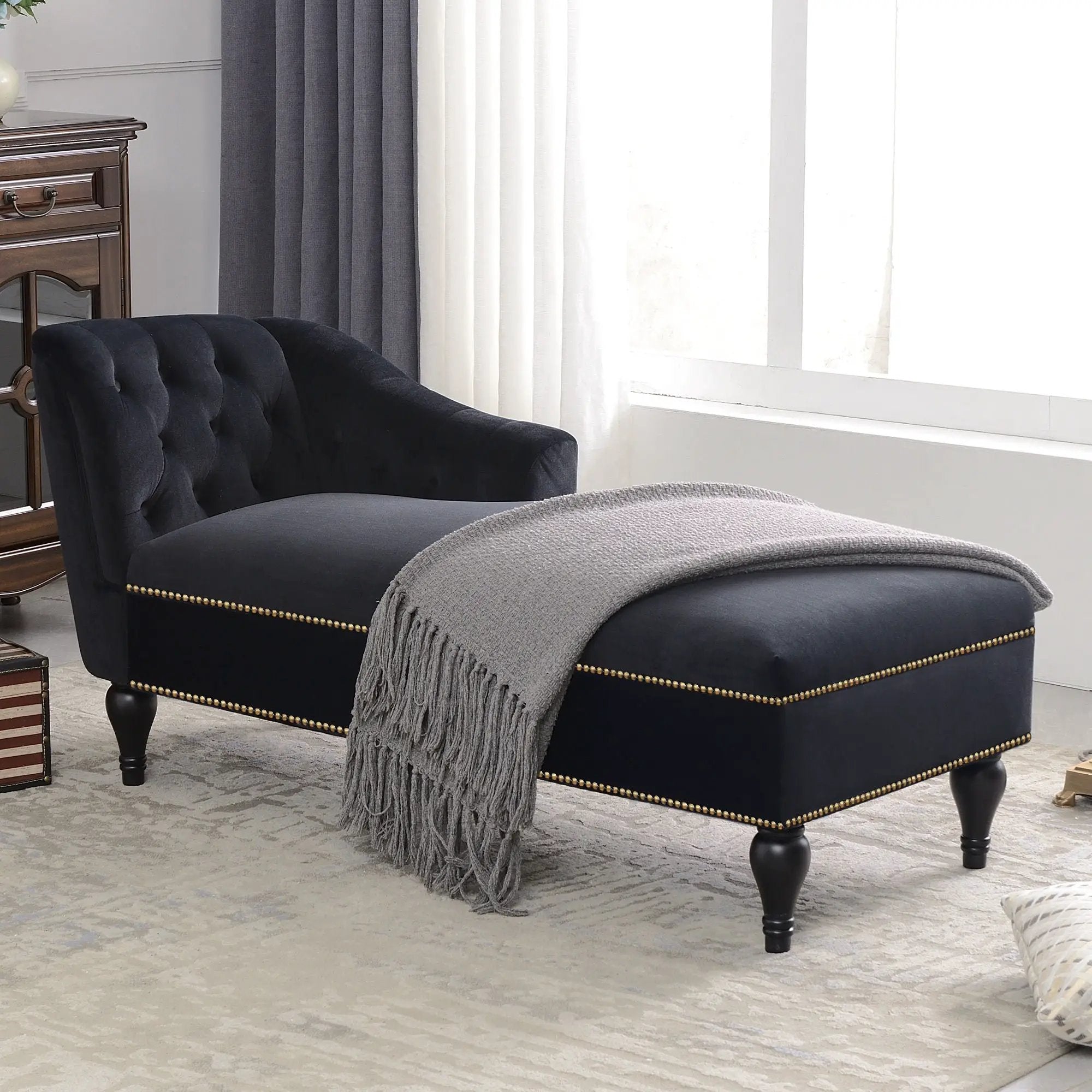 Velvet Chaise Lounge, Button Tufted Right Arm Facing Lounge Chair With Nailhead Trim For Living Room - Black by Unique Piece Furniture