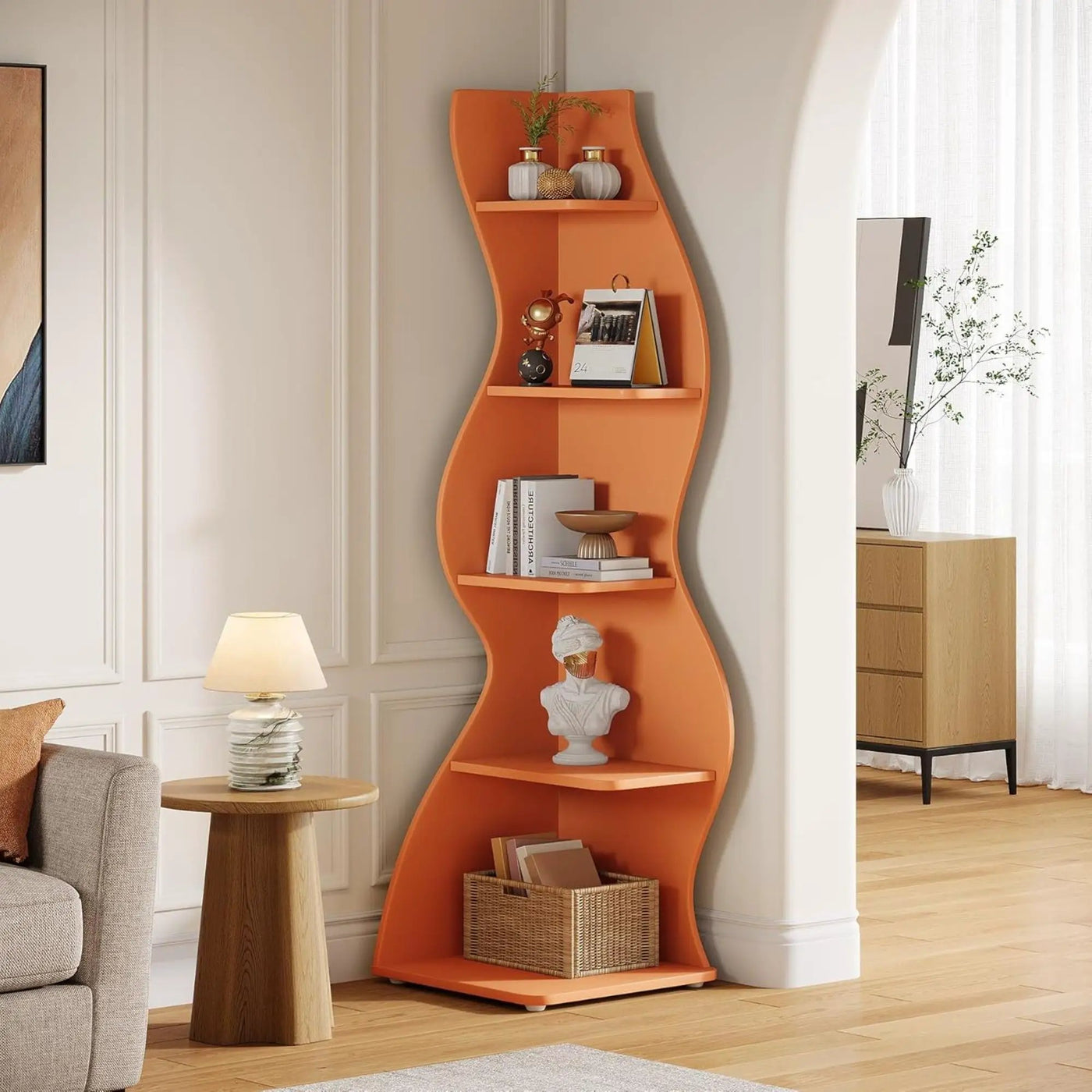 5 Tier Wavy Corner Bookshelf And Plant Stand For Living Room by HouseOfZazla