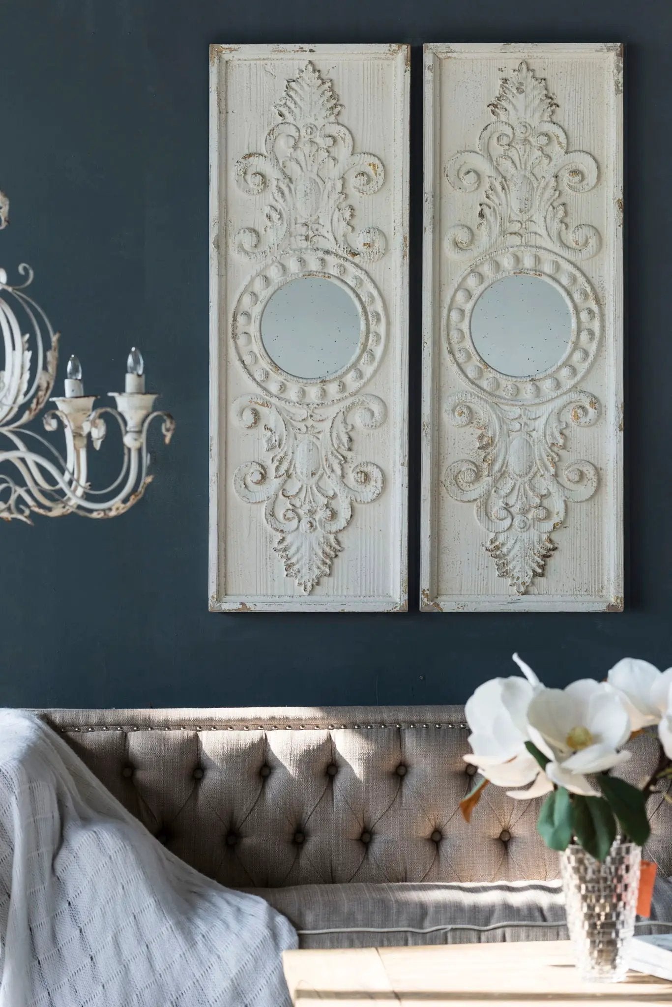 Large Wooden Wall Art Panels With Distressed Round Mirror Accents (Set of 2) - White by Unique Piece Furniture