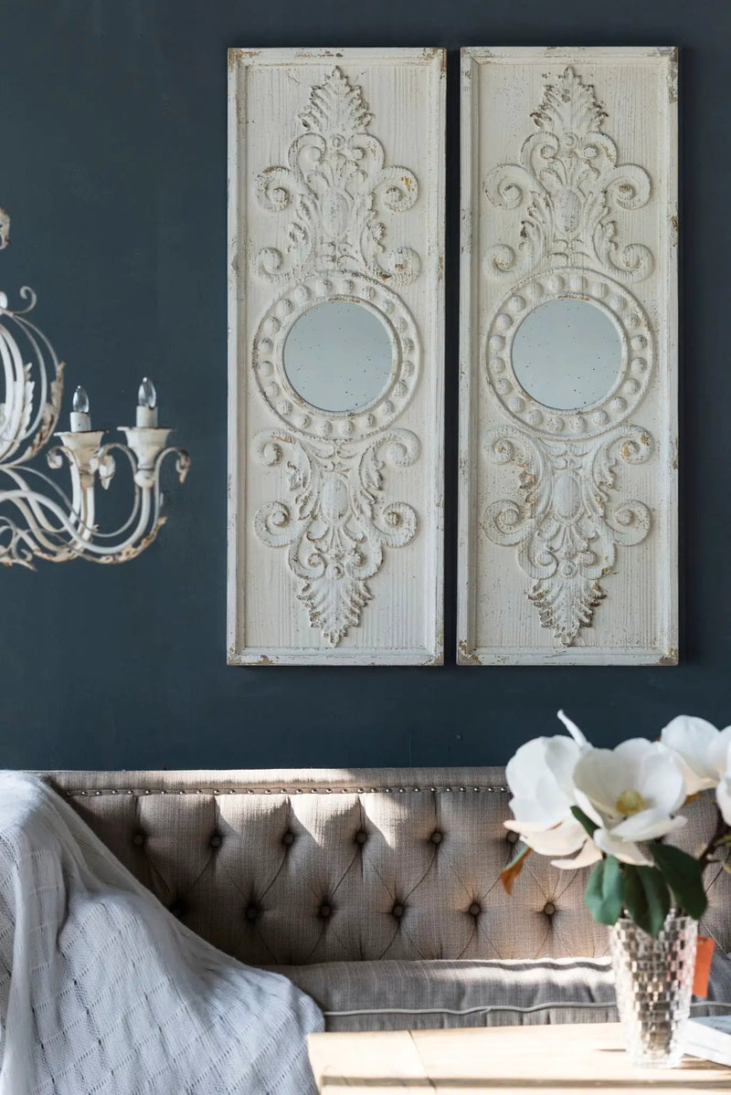 Large Wooden Wall Art Panels With Distressed Round Mirror Accents (Set of 2) - White by HouseOfZazla
