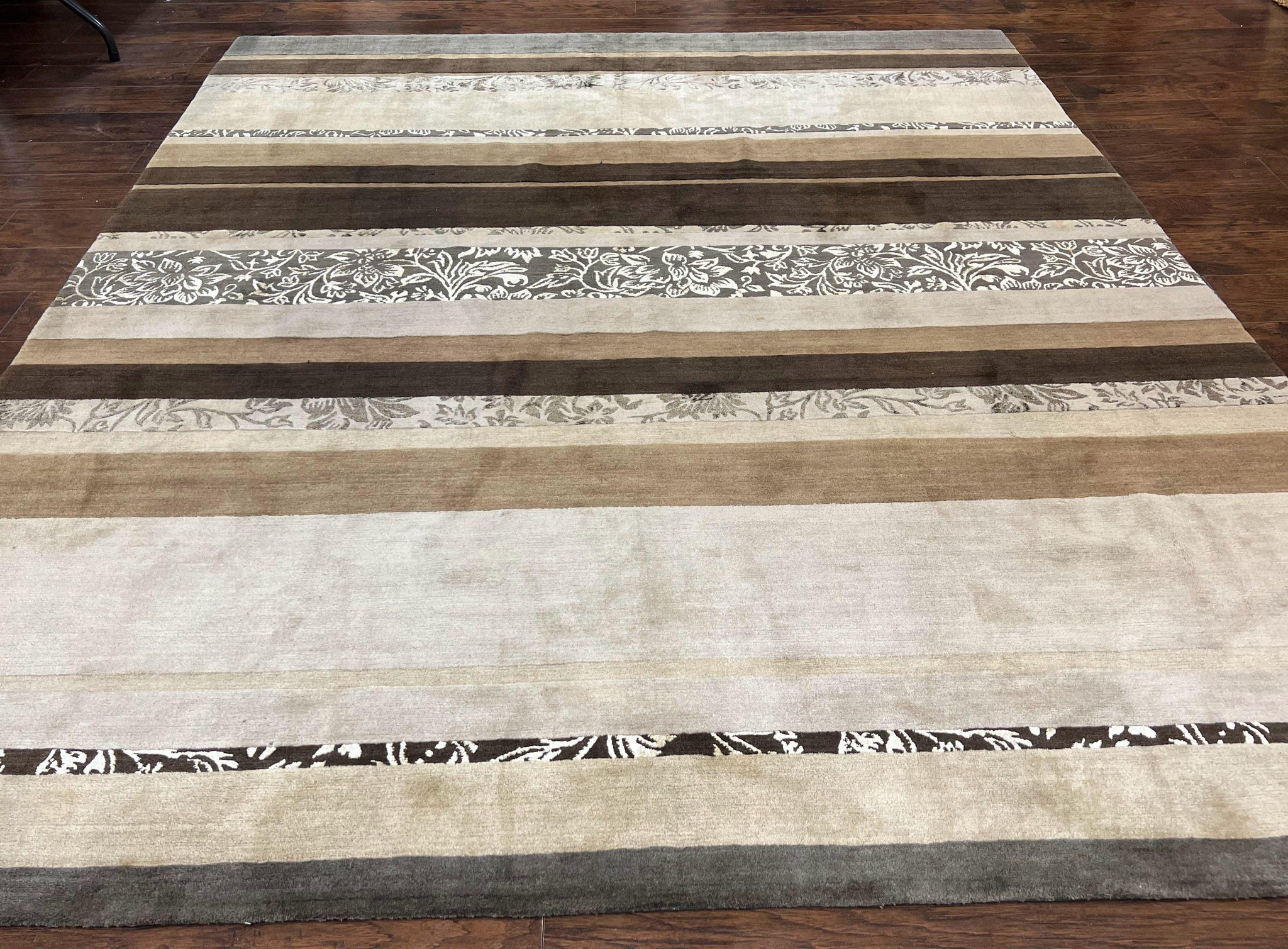 Modern Tibetan Nepali Rug 8x12, Stripe Pattern, Wool with Silk Highlights, Handmade, Beige Tan Brown by Jewel Rugs