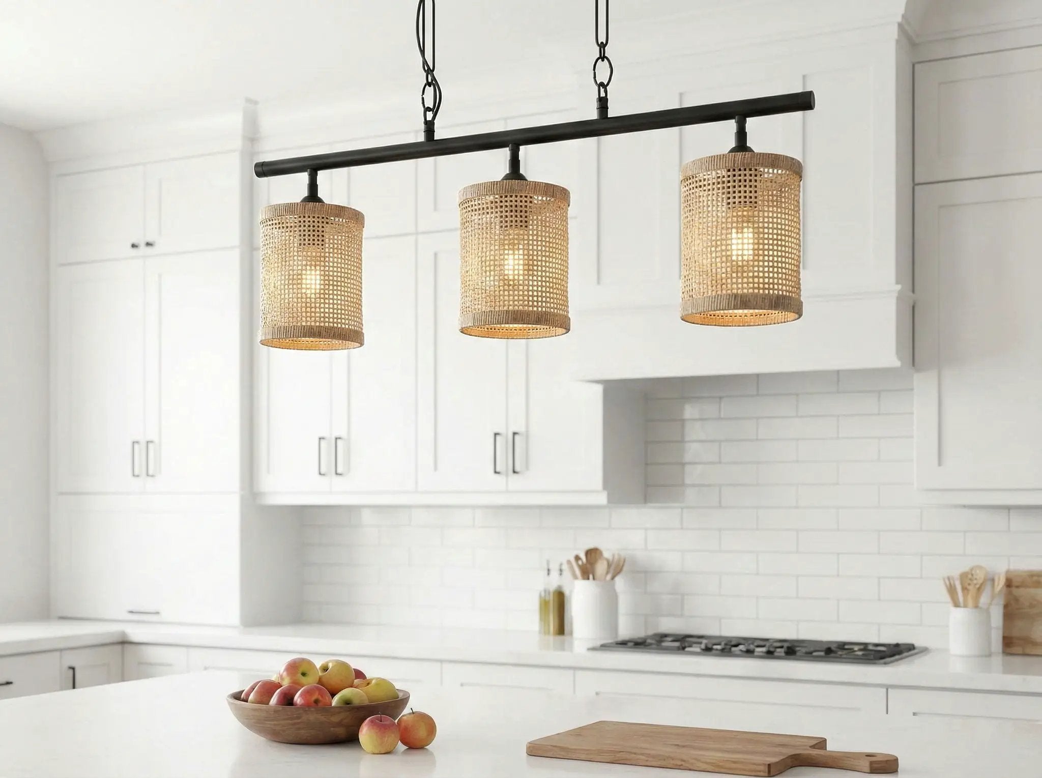 Elysian - 3 Lights Island With Natural Shade Farmhouse Chain Ceiling Lamp - Black / Rattan by HouseOfZazla