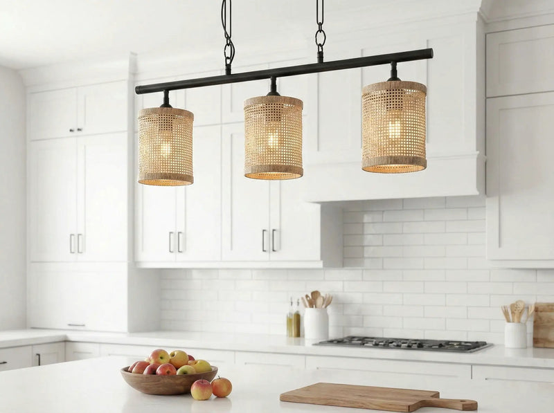 Elysian - 3 Lights Island With Natural Shade Farmhouse Chain Ceiling Lamp - Black / Rattan by Unique Piece Furniture