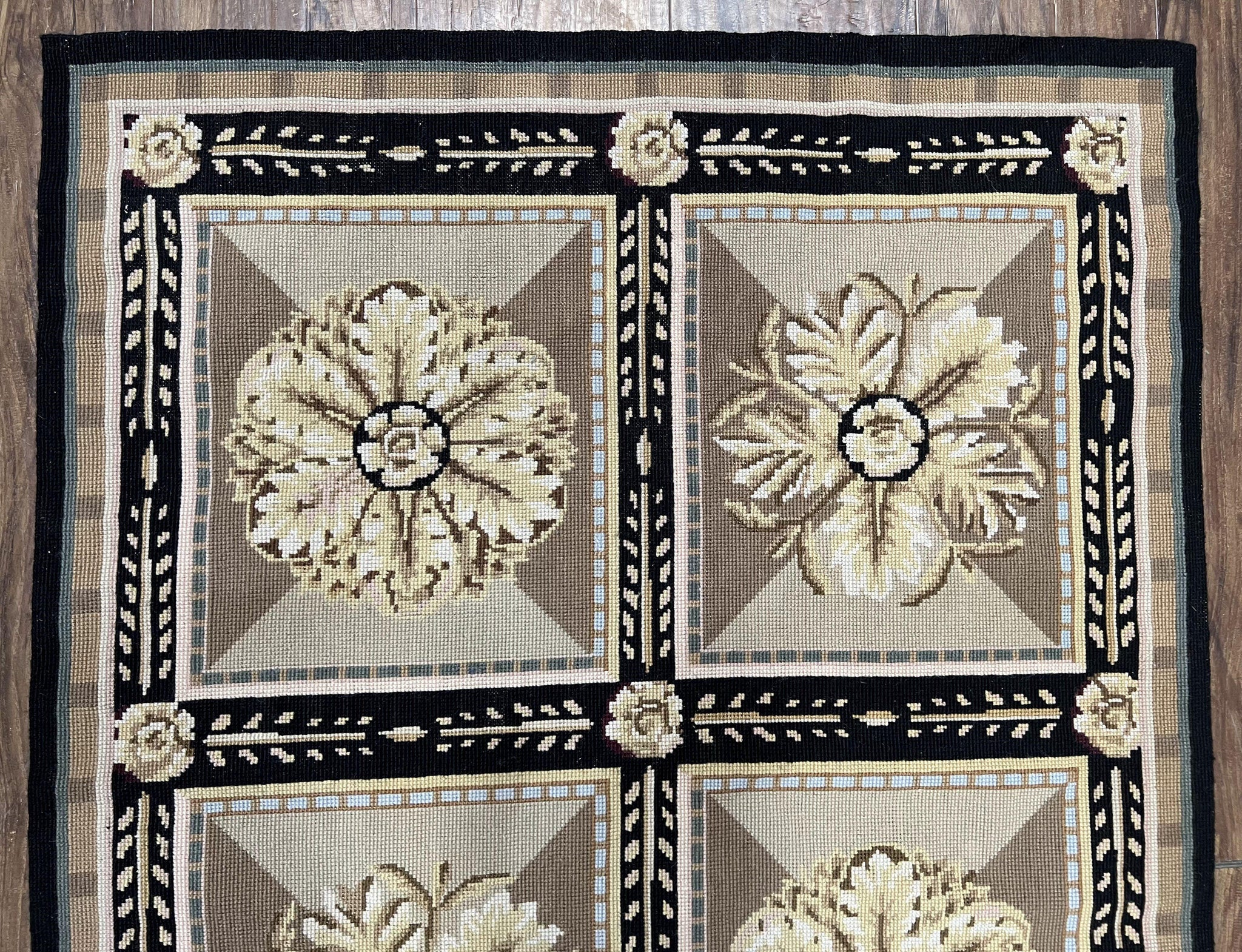 Needlepoint Runner Rug 3x8 Panel Design Rug, Flatweave Runner Rug, English Design, Floral, Short Runner Rug, Black and Beige Wool Hand-Woven by Jewel Rugs