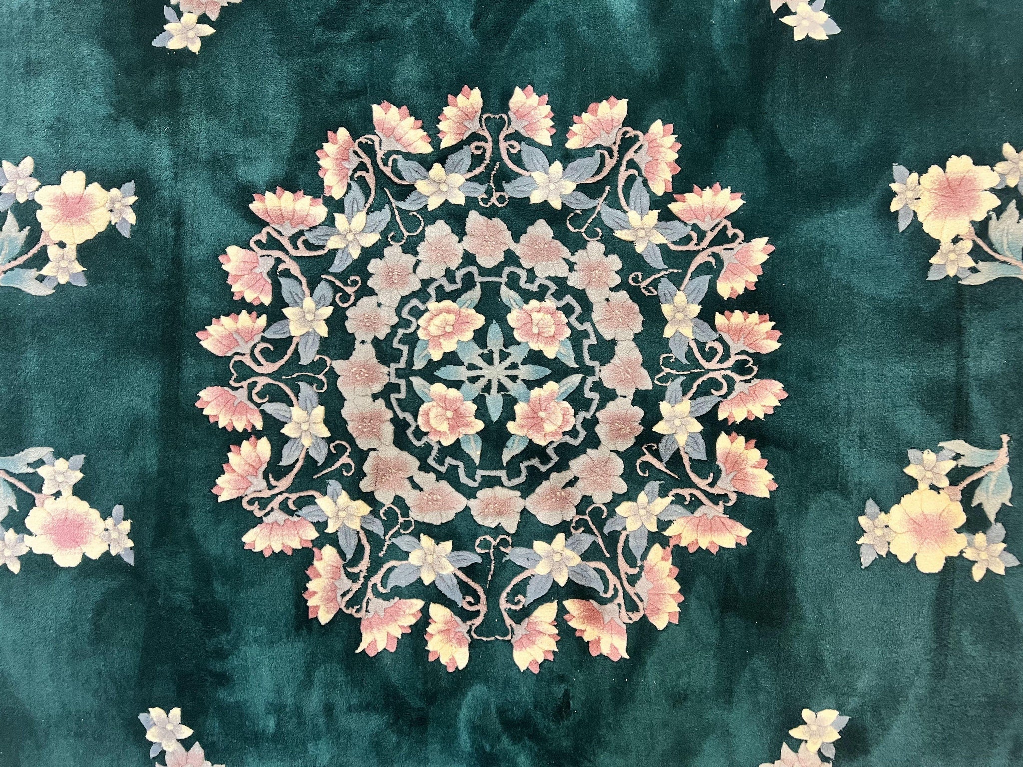 Chinese Art Deco Rug 9x12, Wool Hand Knotted Vintage Carpet, Dark Green & Cream, 90 Line Carving Rug by Jewel Rugs