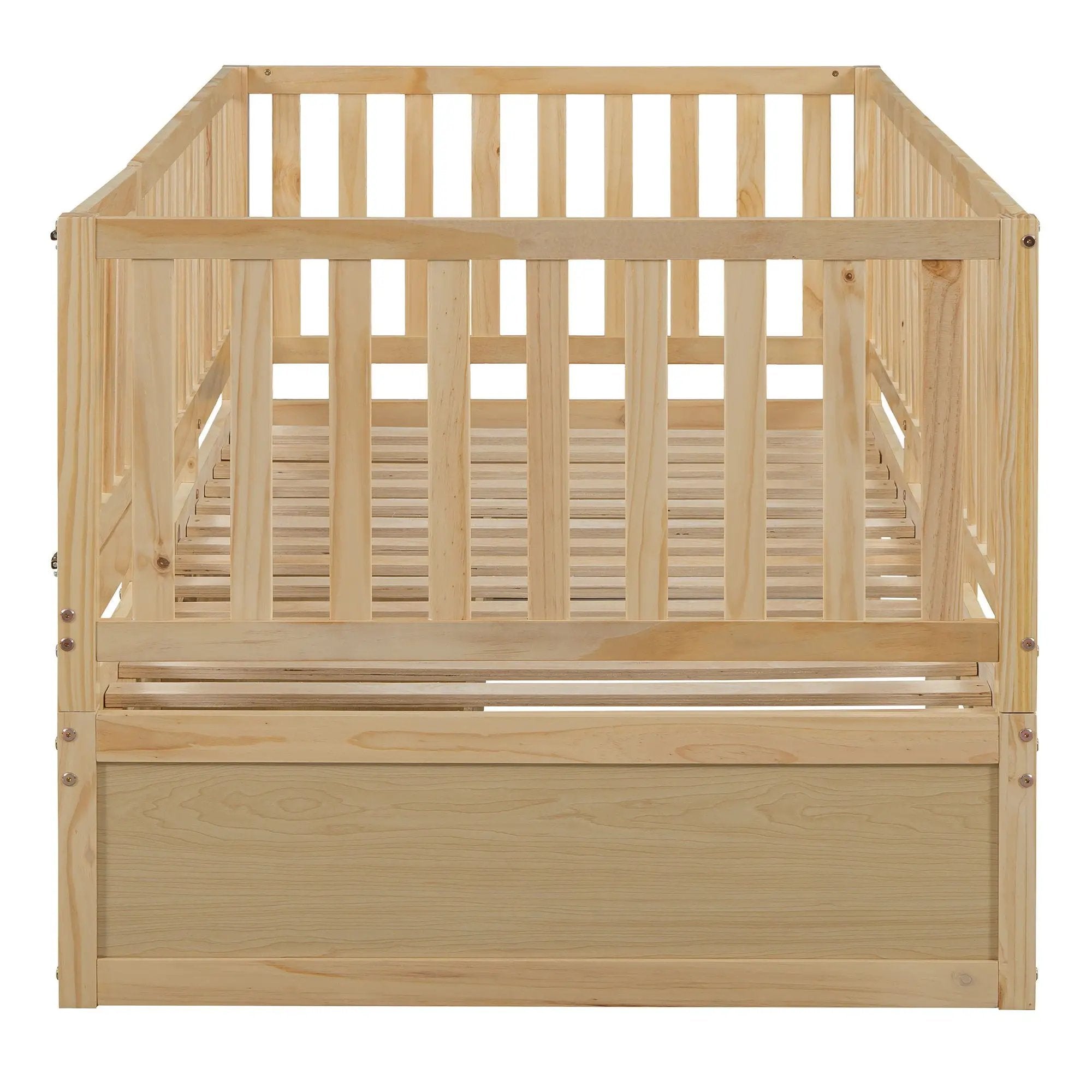 Daybed With Fence Guardrails And 2 Drawers, Split Into Independent Floor Bed & Daybed by HouseOfZazla