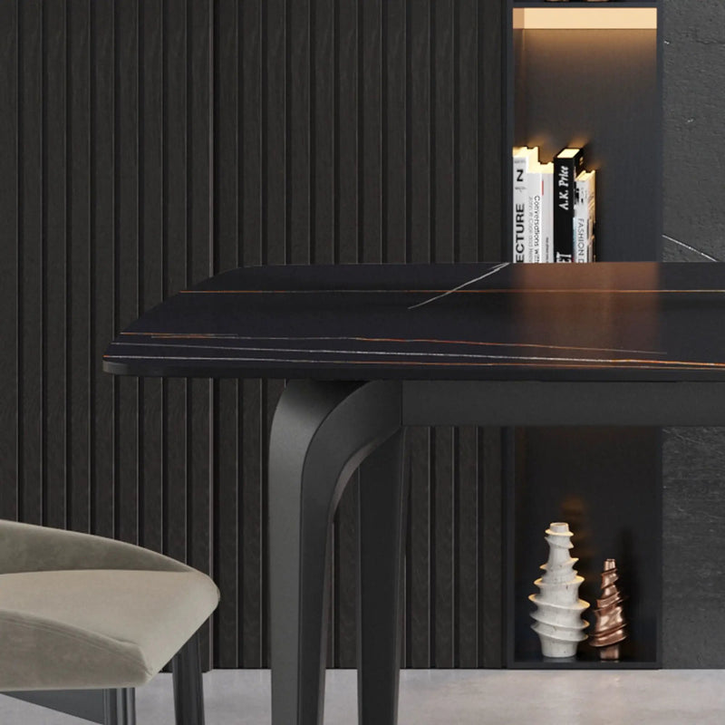 63" Artificial Stone Black Curved Black Metal Leg Dining Table, 6 People - Black by HouseOfZazla