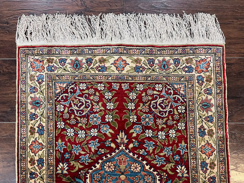 Silk Turkish Kayseri Rug 2x3, Small All Silk Turkish Carpet, Red and Light Blue, Very Fine Hand Knotted Semi Antique Vintage Handmade Rug by Jewel Rugs