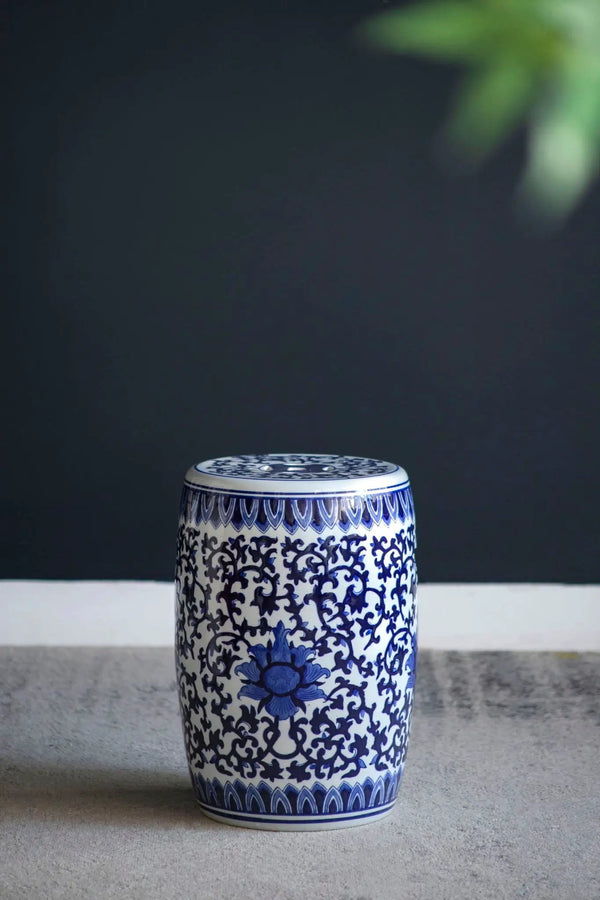 Ceramic Garden Stool, Small Side Tabel - White / Blue