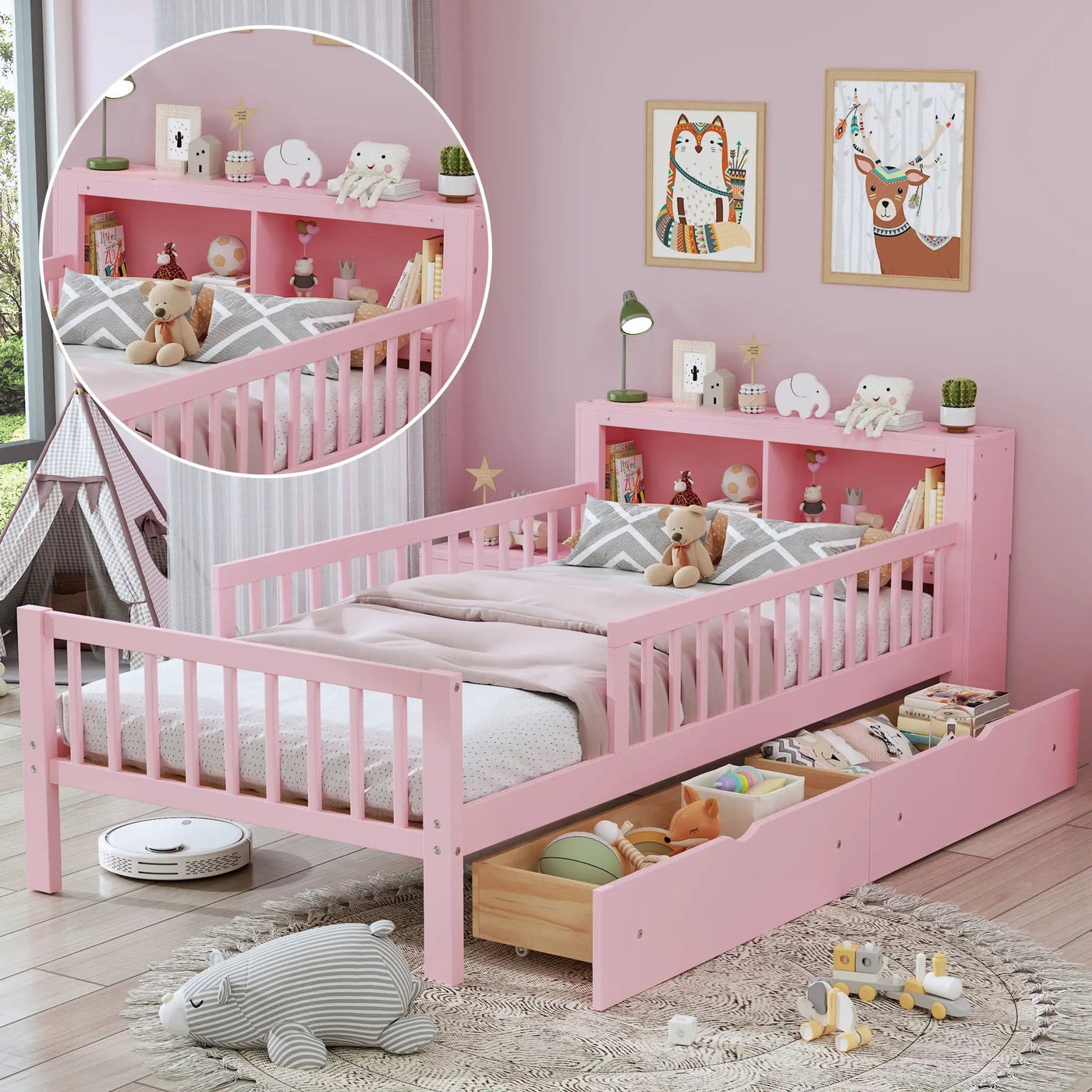 Bed With Headboard Storage Rack, 2 Under Bed Drawers, 3 Side Guardrails For Safety by HouseOfZazla