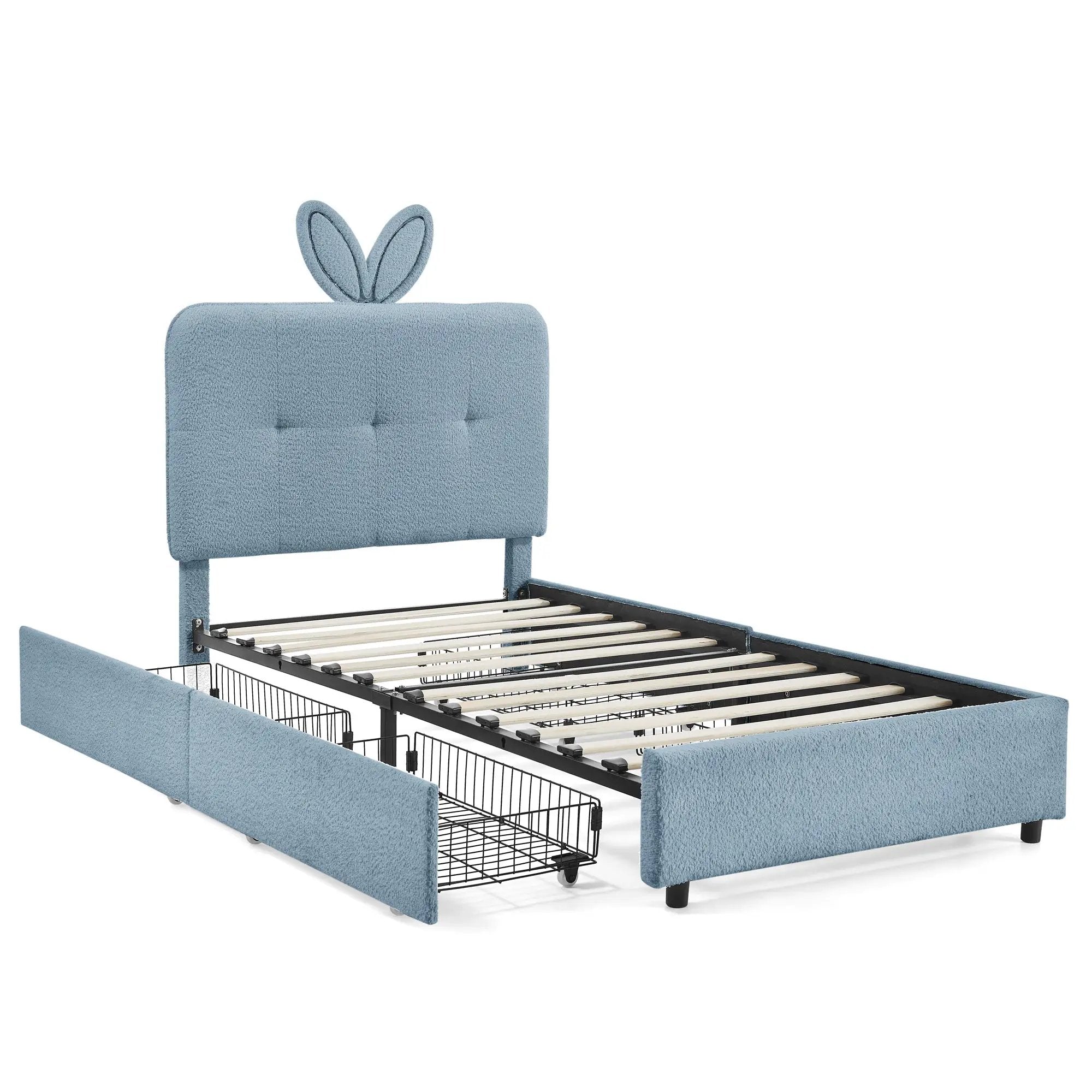Twin Size Kids Upholstered Bed with Oversized Rabbit Ear Headboard by HouseOfZazla
