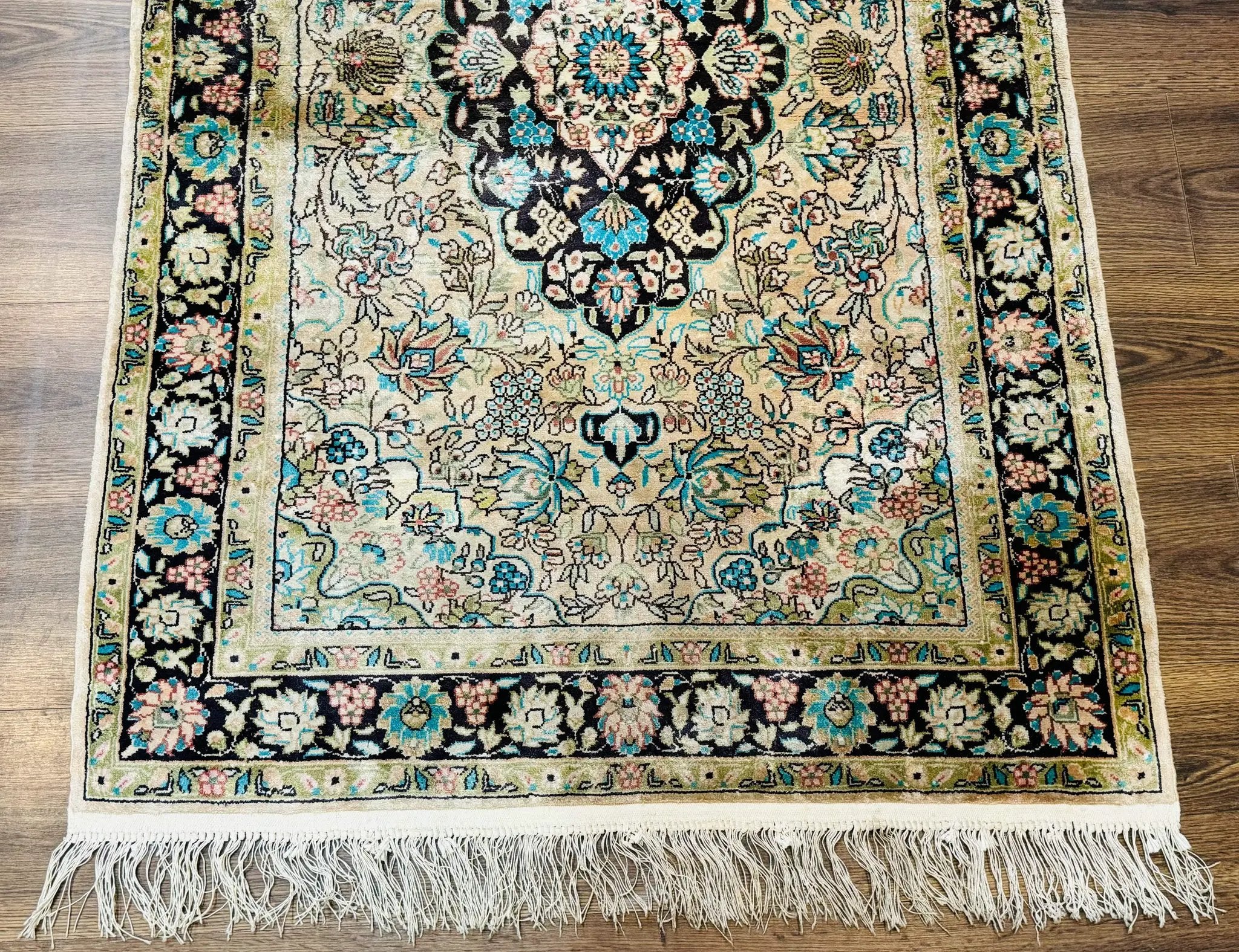 Indian Kashmiri Silk Rug 3x5, Floral Medallion, Fine 200 KPSI by Jewel Rugs