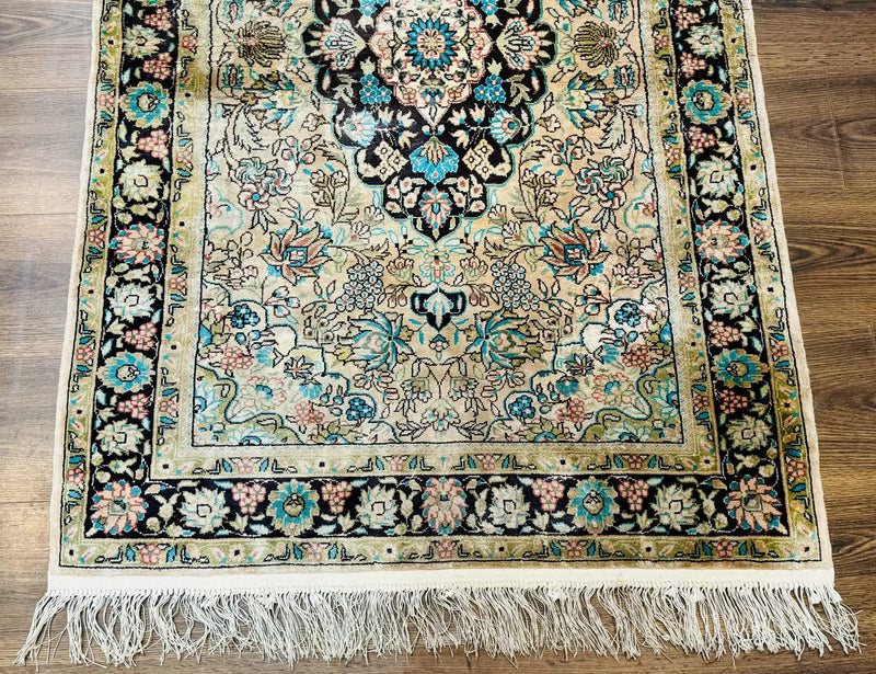 Indian Kashmiri Silk Rug 3x5, Floral Medallion, Fine 200 KPSI by Jewel Rugs