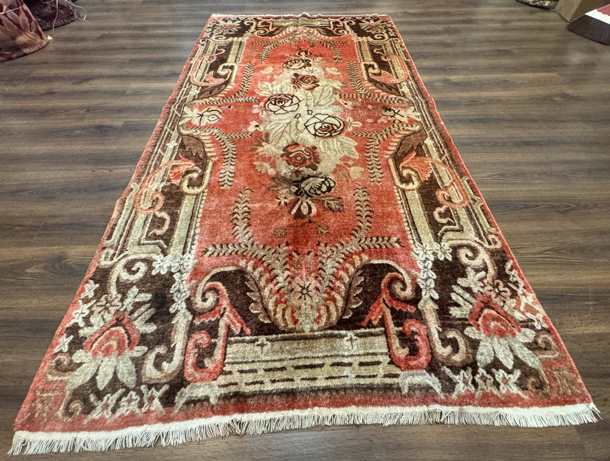 Khotan Rug 5x9, Terracotta and Brown, Floral, Chinese Wool Carpet, Antique Rug by Jewel Rugs