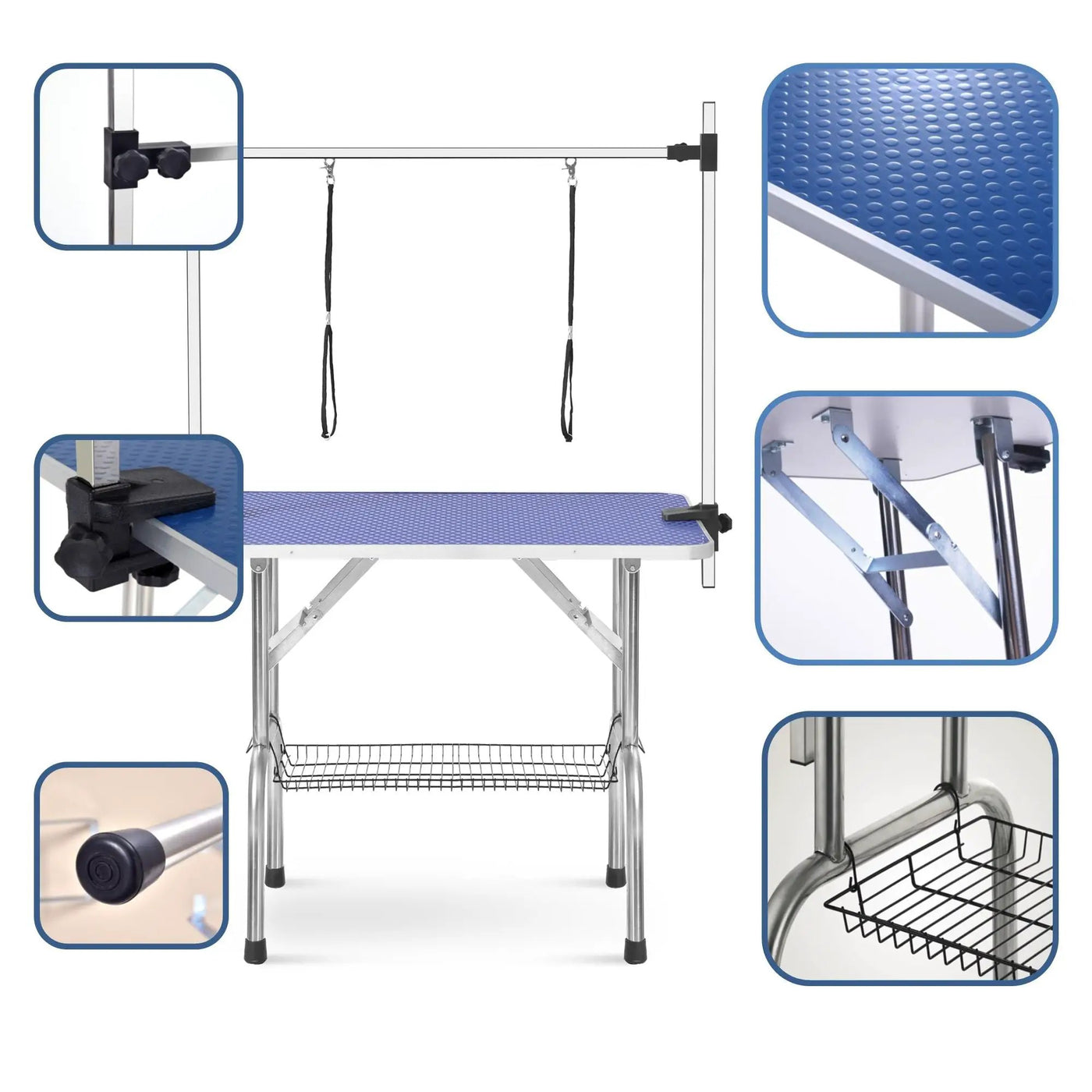 Folding Dog Pet Grooming Table Stainless Steel Frame Rubber Mat On Board With Adjustable Arm And Clamps Pet Dog Cat Grooming Table by HouseOfZazla
