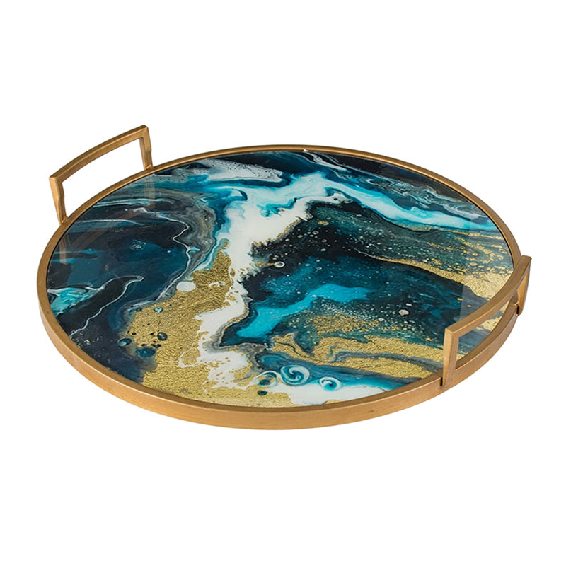 20.9x20.1x3.1" Round Accent Mirrored Tray with Handles by HouseOfZazla