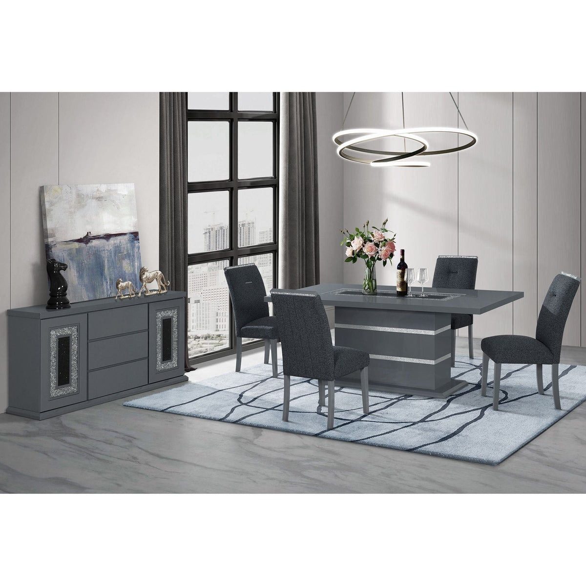 Modern 5 Piece Dining Room Set with Glass Inlay - Dark Gray or White, photo 5 of 15