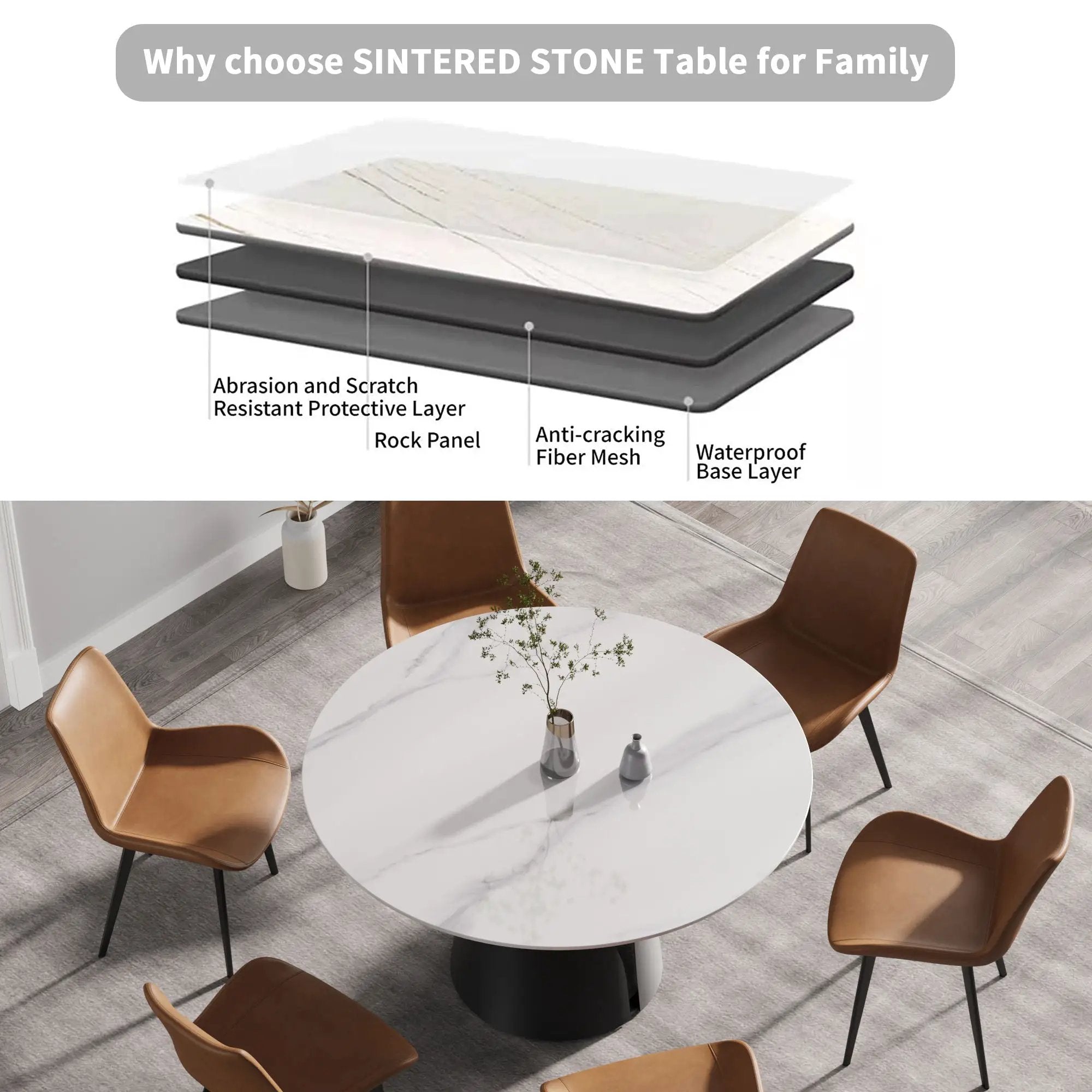 53.15" Modern Artificial Stone Round Carbon Steel Base Dining Table, Can Accommodate 6 People - White / Black by Unique Piece Furniture