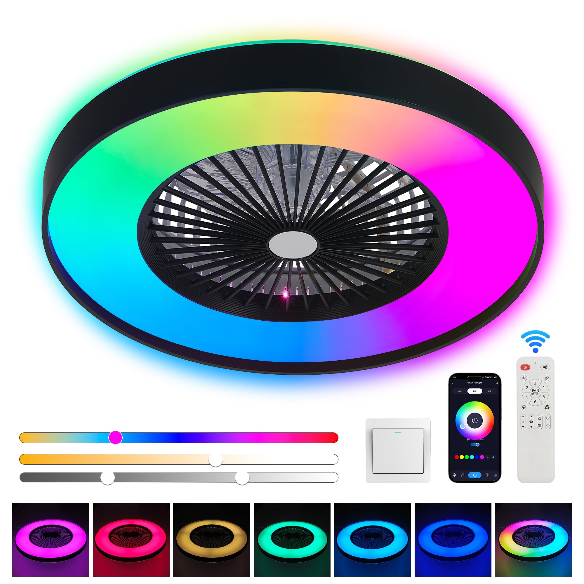 23-Inch Black and White Ceiling Fan Light with LED RGB by HouseOfZazla