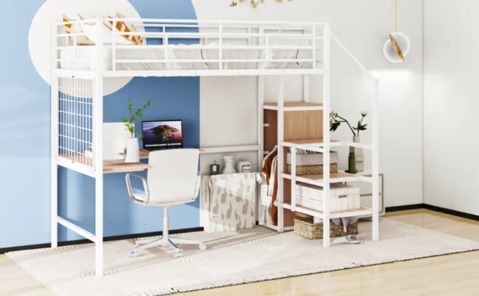Loft Bed With Desk And Grid, Stylish Frame With Lateral Storage Ladder And Wardrobe by HouseOfZazla