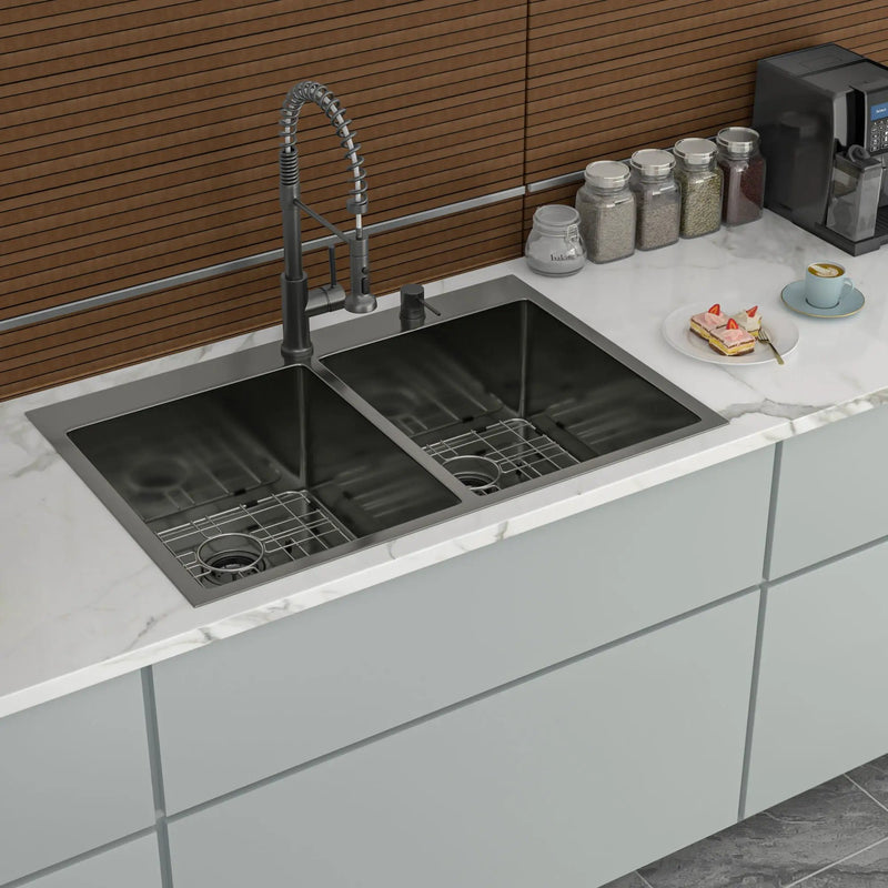 Double Bowl Drop In Kitchen Sink 33" X 22" With 16 Gauge Stainless Steel And 2 10" Deep Basins - Gunmetal Black by HouseOfZazla