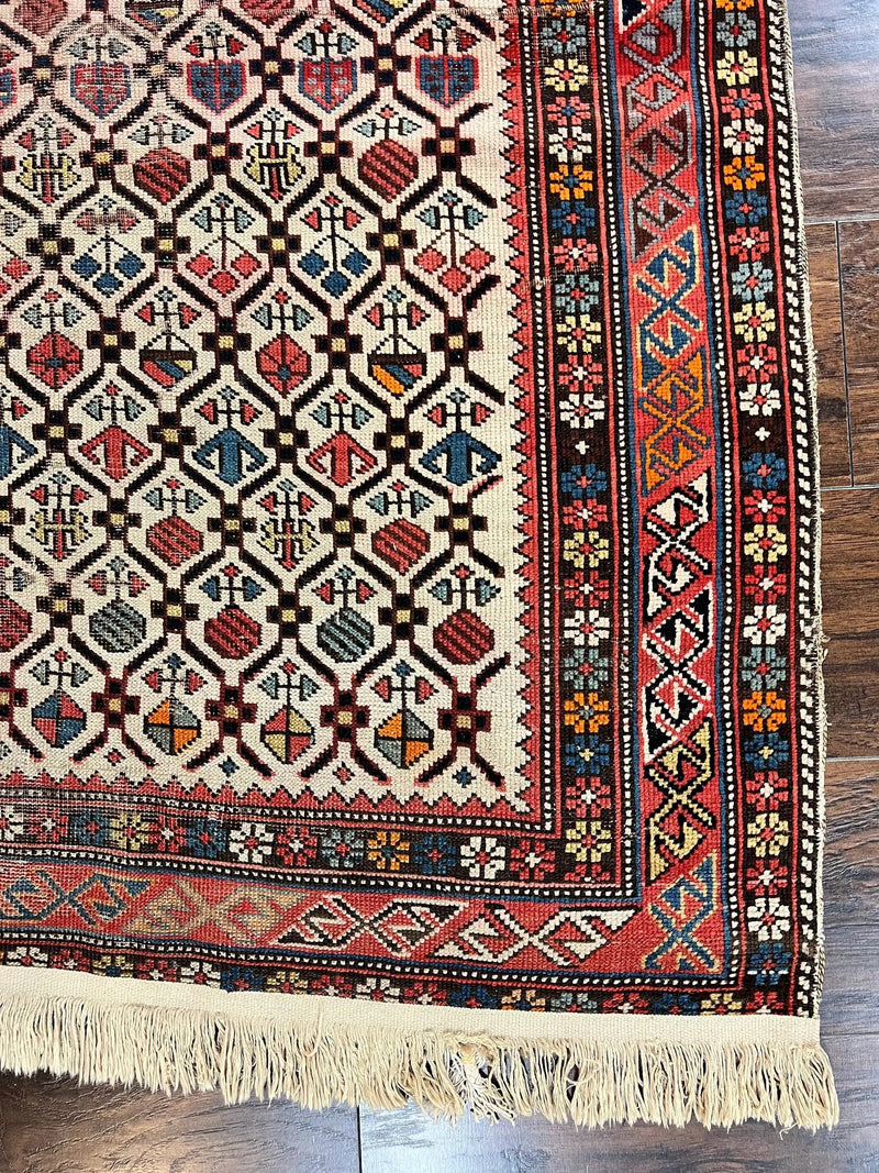 Antique Caucasian Rug 4x5, Hand Knotted Handmade Shirvan Oriental Carpet, Ivory Red Rug Allover Pattern, Rare Wool Rug, Tribal Geometric Rug by Jewel Rugs