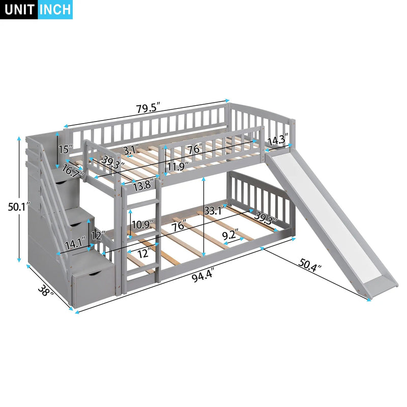 Twin Over Twin Bunk Stairway Bed With 2 Drawers And Slide - Gray by HouseOfZazla