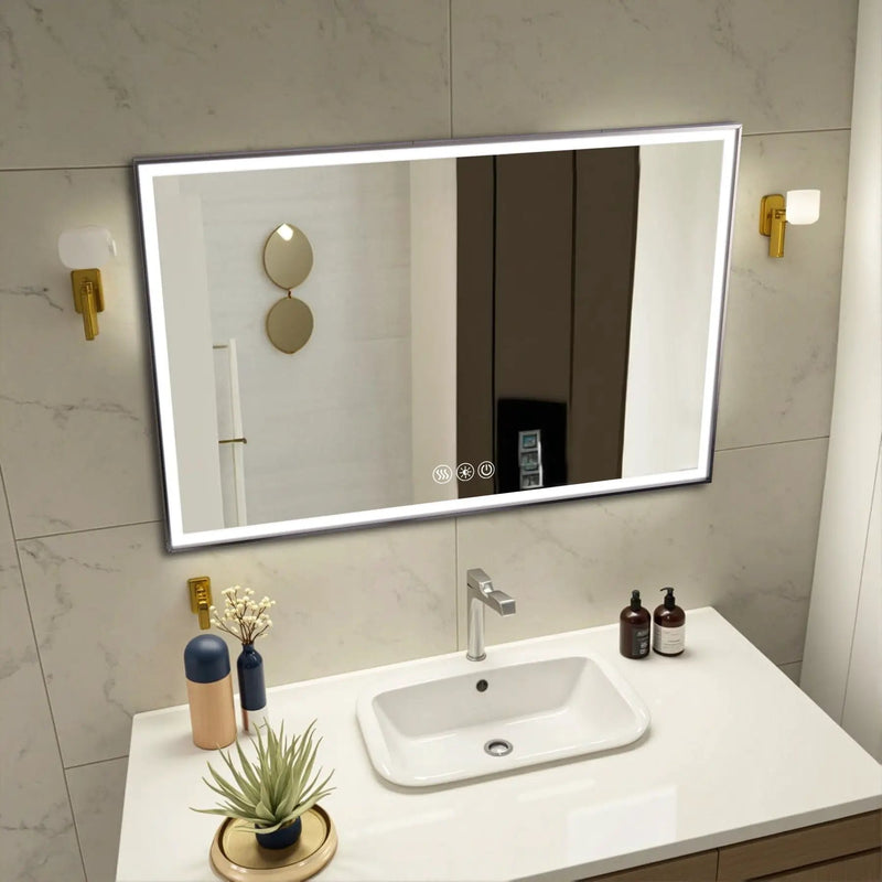 Modern LED Bathroom Vanity Mirror With Aluminum Frame, 45° Beveled Lights, Anti Fog - Silver by Unique Piece Furniture